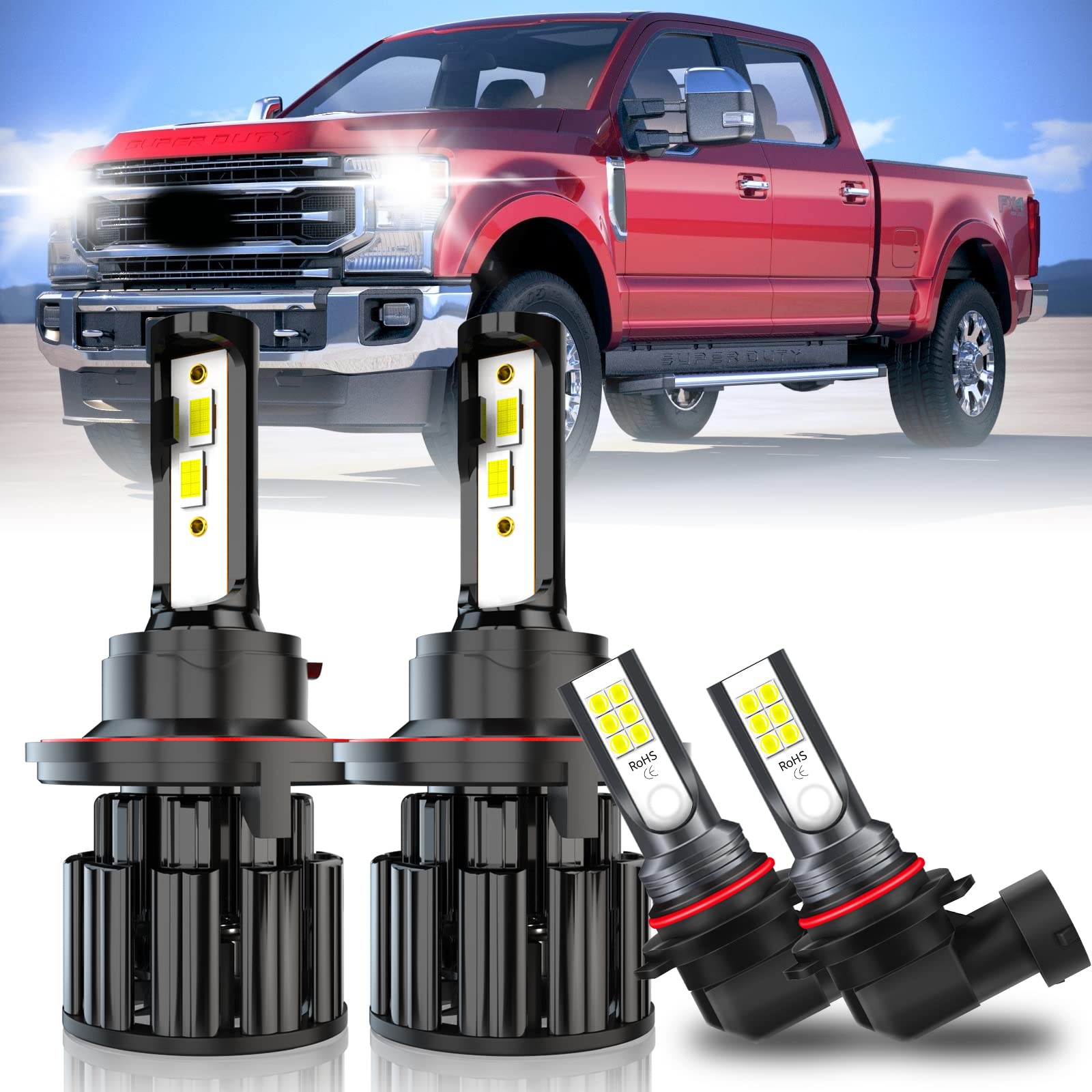 2005-2020 Ford F250 F350 Super Duty LED Headlight Bulbs Kit - 9008 High/Low Beam & 9005 Fog Light Bulbs, 60W 10000LM 6000K White Super Bright, Plug and Play (Pack of 4) - Perfect for Night Driving & Off-Road Adventures