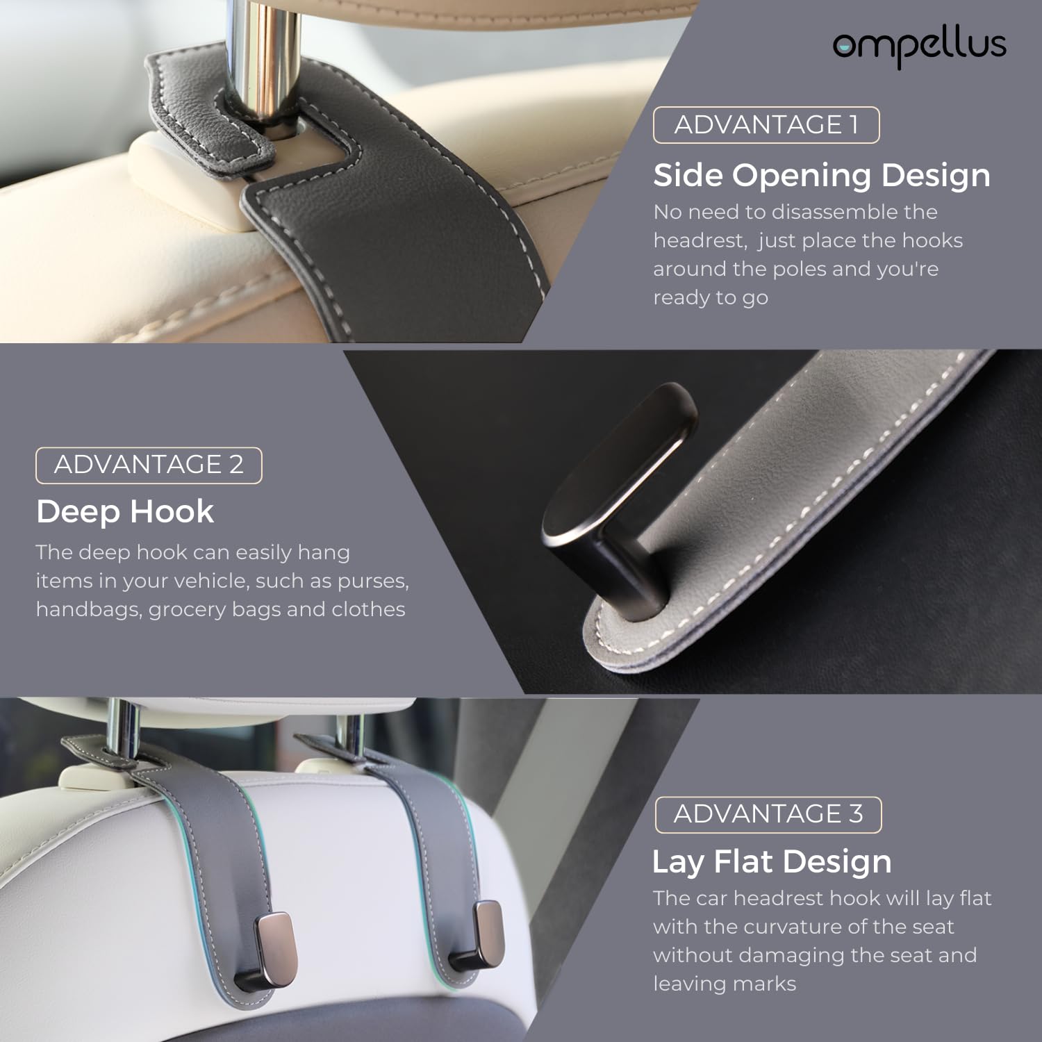 2 Pack Premium Leather Car Headrest Hooks - Heavy Duty Car Seat Organizer for Purses, Bags, Groceries & Travel Essentials (Black) | Perfect for Road Trips, Commuting & Daily Car Organization