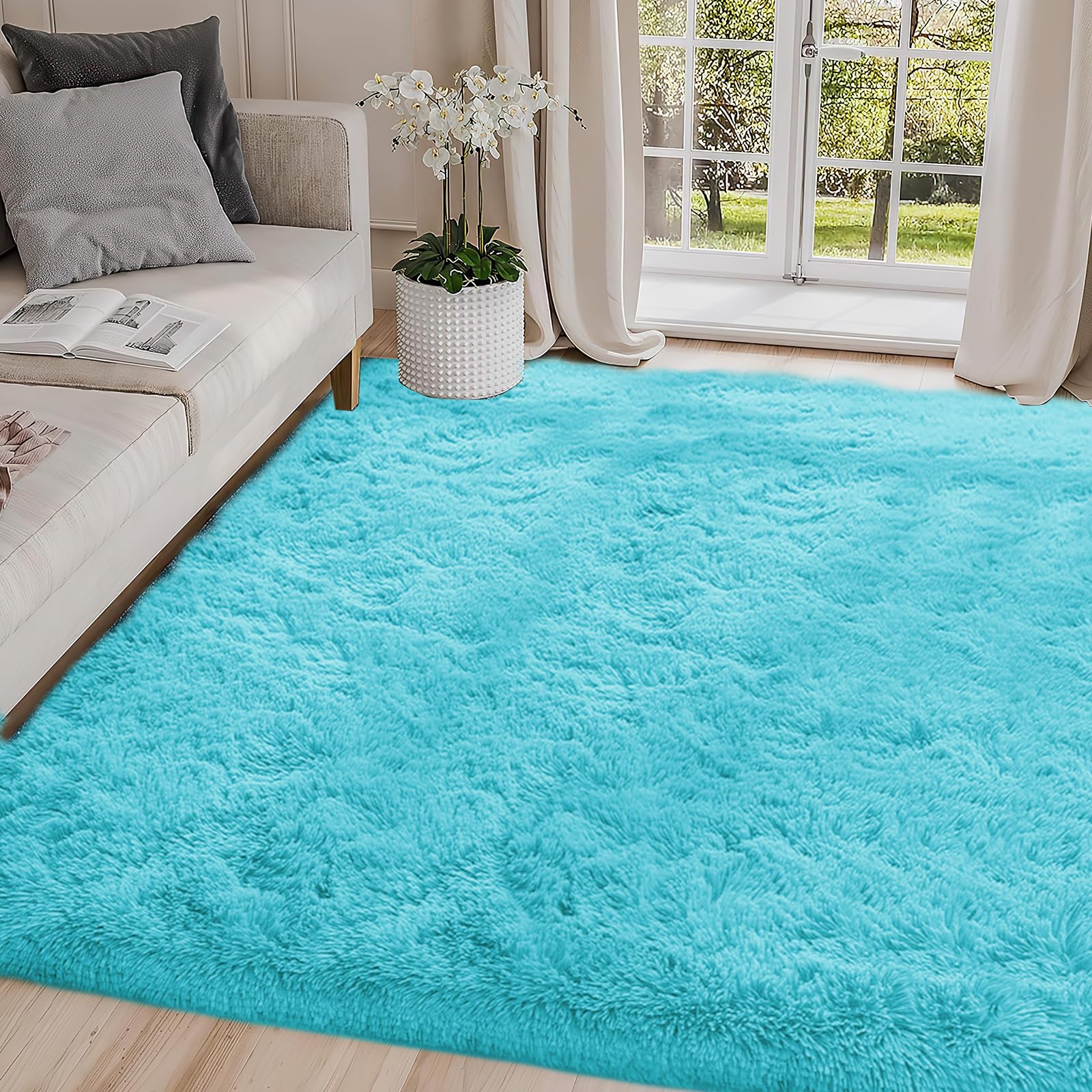 8x10 Fluffy Area Rugs - Non-Slip Plush Shaggy Carpet for Living Room, Bedroom, Nursery, Dorm & Playroom - Ultra Soft Fuzzy Blue Rug for Cozy Home Decor & Kids Play Area