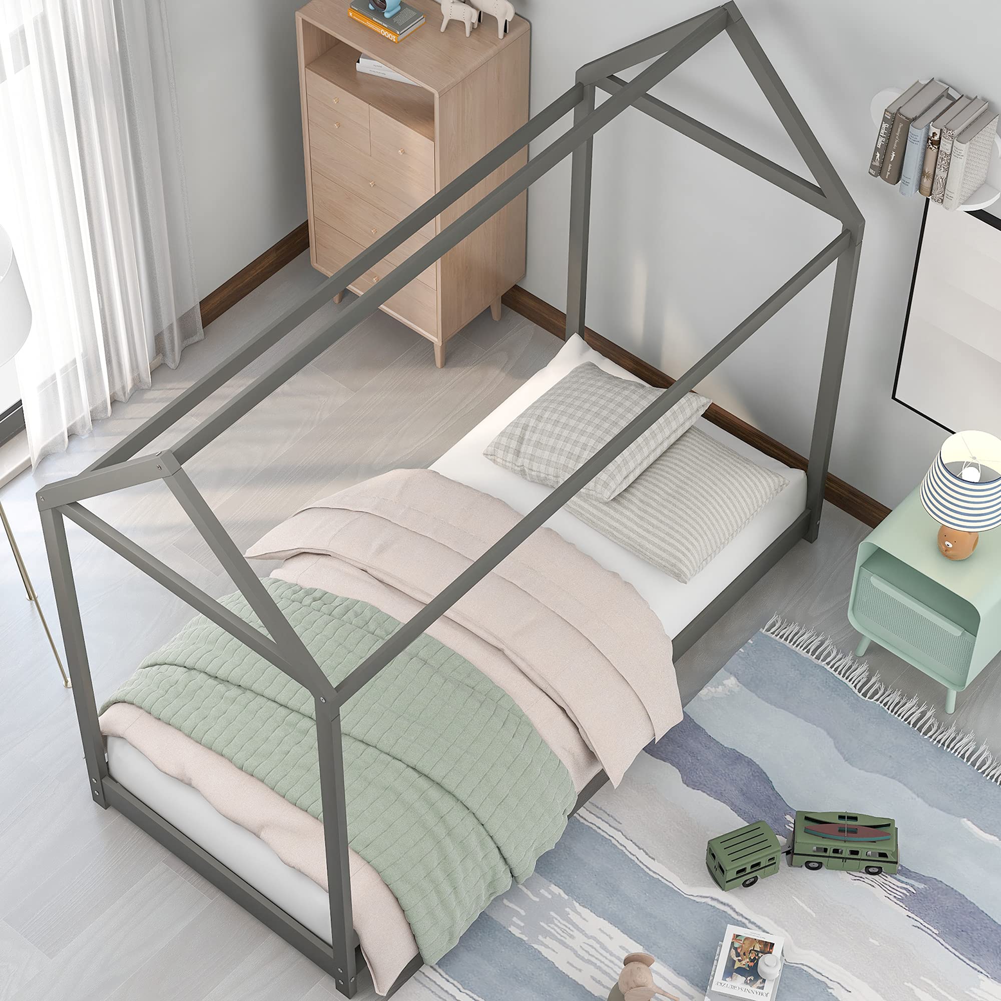 Merax Twin Size Wooden House Bed with Roof for Kids - Sturdy Wood Floor Bed Frame for Boys & Girls - Perfect for Playrooms, Bedrooms & Montessori Style Decor
