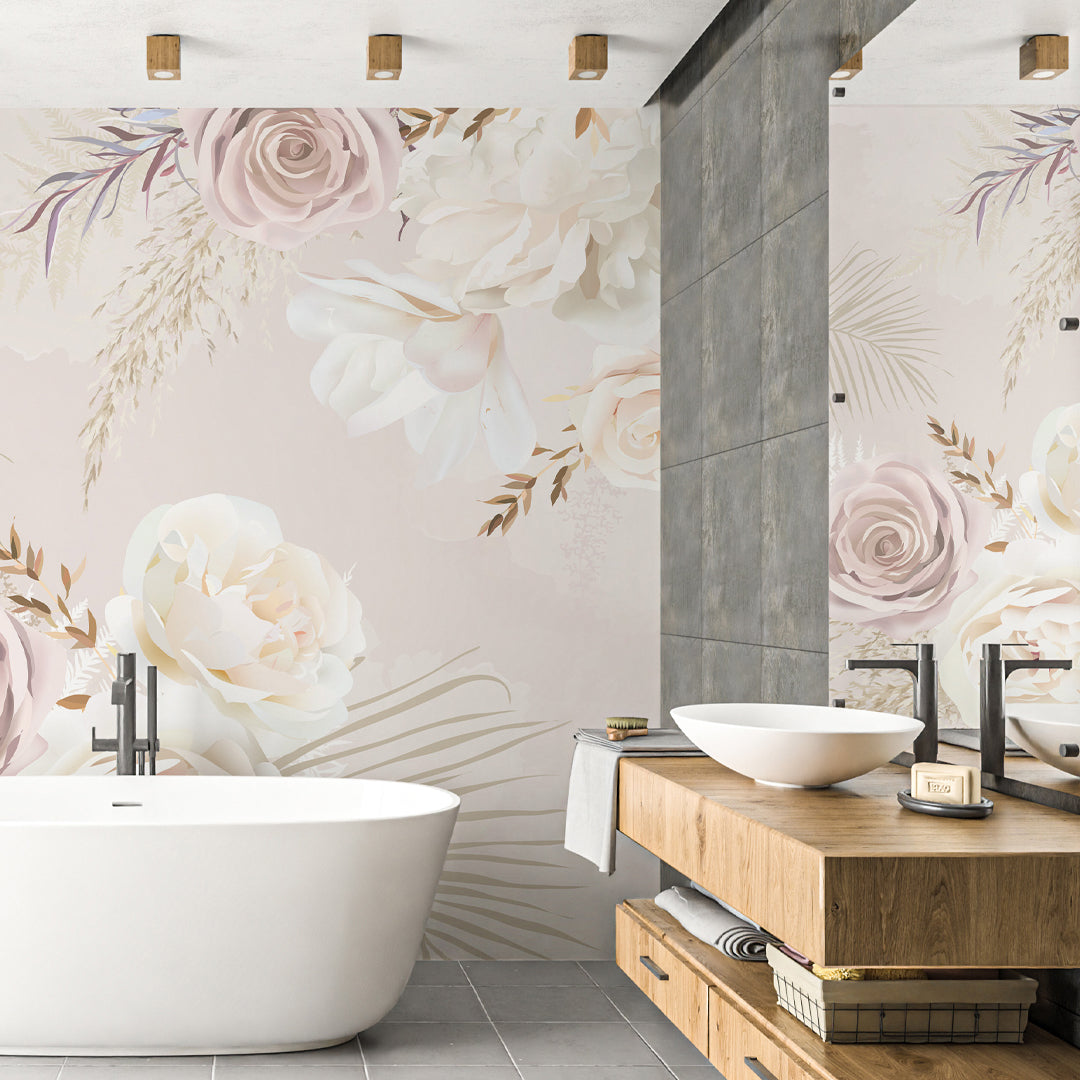 Soft Pink & White Floral Wall Mural WM010 - Elegant Peel and Stick Wallpaper for Bedroom, Nursery, Living Room Decor