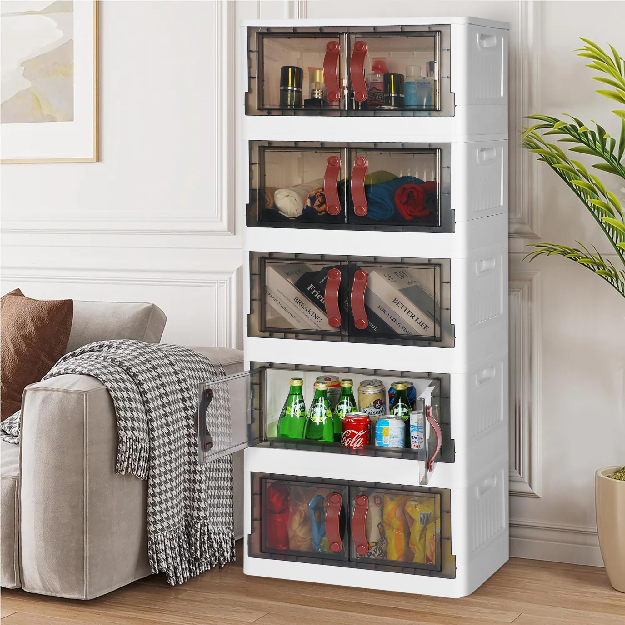 Simple Deluxe 200 Qt (50 Gal) Plastic Storage Bins with Lids - 5 Pack Stackable Beige Closet Organizer, Foldable Cabinet with Door (20.5 x 11.4 x 52.4 Inch) - Perfect for Home Organization, Garage Storage & Seasonal Clothes