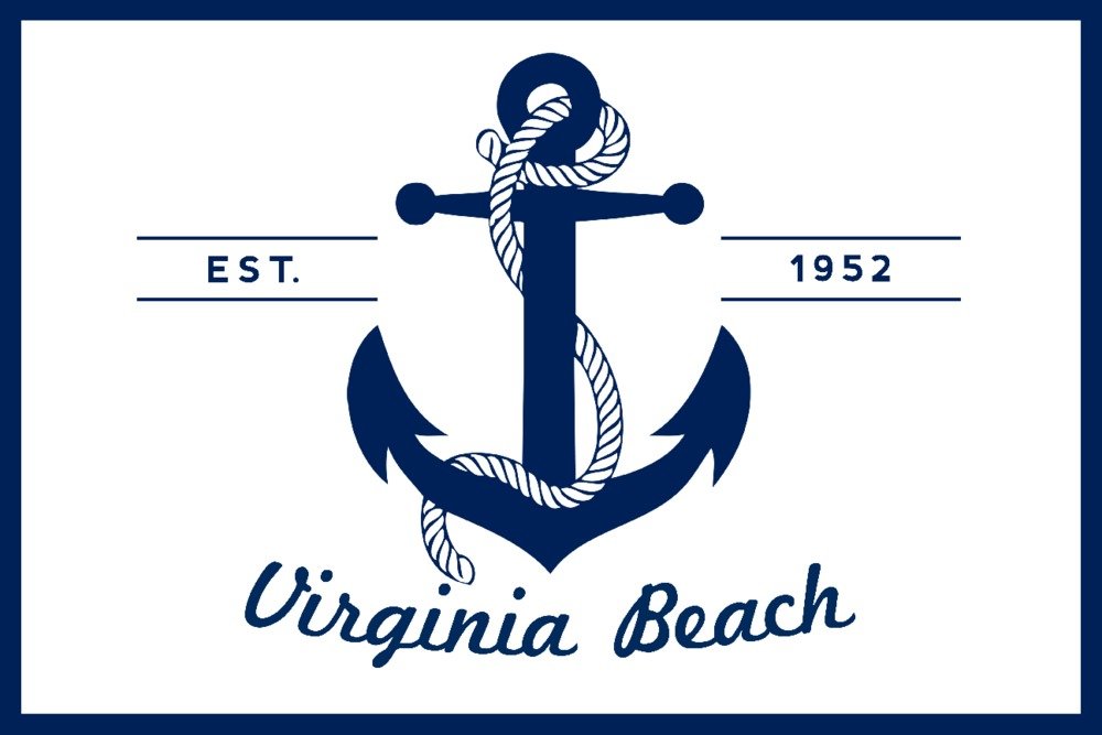 Virginia Beach Blue & White Anchor Art Print - 24x36 Signed Wall Decor Poster | Coastal Nautical Theme for Living Room, Bedroom & Office