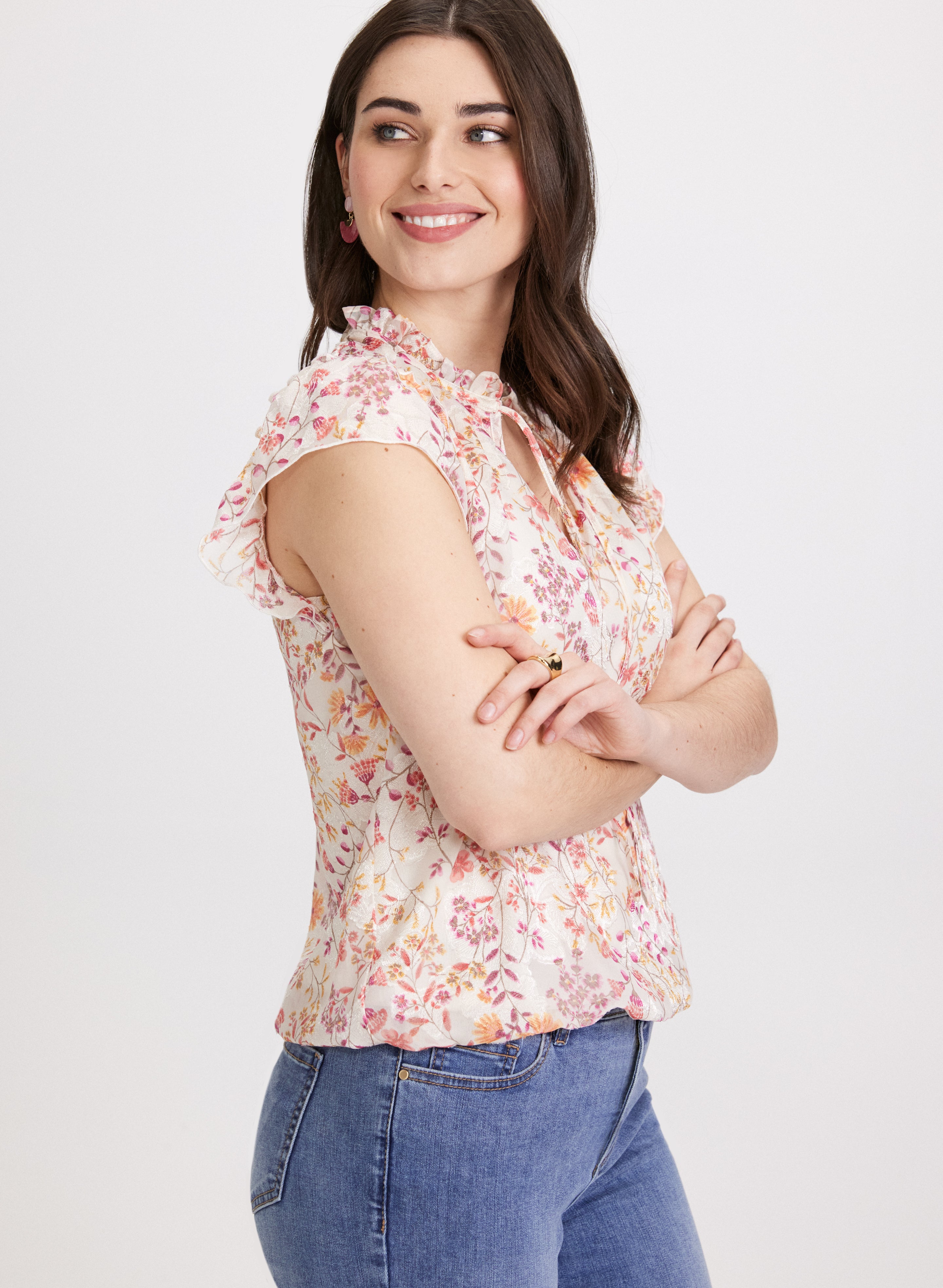 Floral Print Blouse for Women - Elegant Flowy Summer Tops with V-Neck & Short Sleeves - Perfect for Office, Date Night & Casual Outings