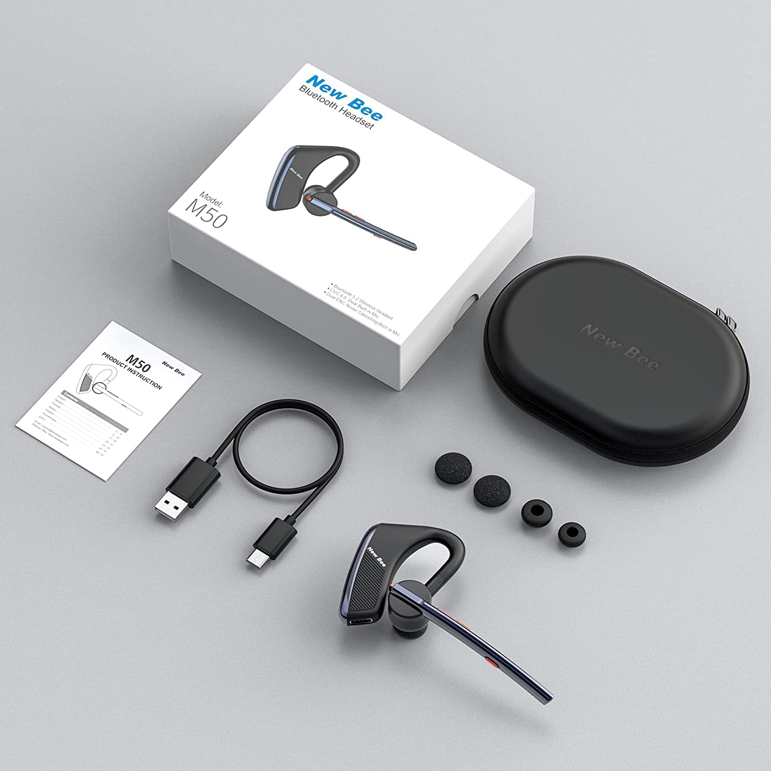 New Bee Bluetooth Headset - 24Hrs Talktime, CVC8.0 Noise Cancelling, Dual Mic, Bluetooth 5.2 Wireless Earpiece for iPhone/Android Phones - Perfect for Driving, Business Calls & Office Use (Blue)