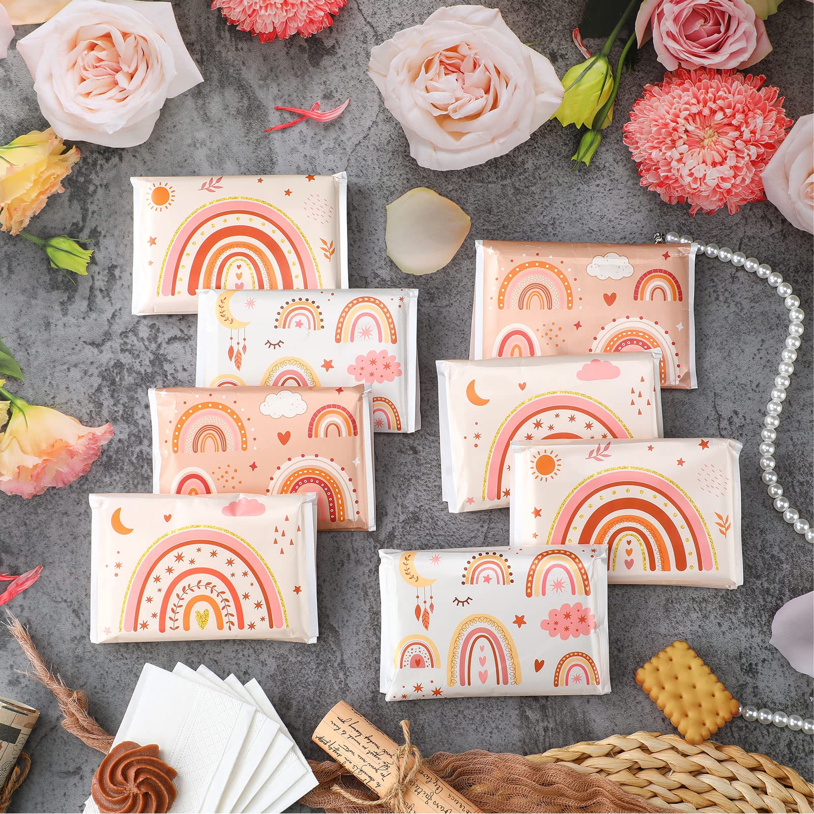 24 Pack Slim Travel Tissues - 3 Ply Pocket Size Facial Tissues (10 Sheets Each) | Bulk Individual Tissue Packs for Wedding Favors, Parties & On-the-Go | Compact Wallet Size with 4 Rainbow Designs | Perfect for Travel, Office, Gym & Everyday Carry