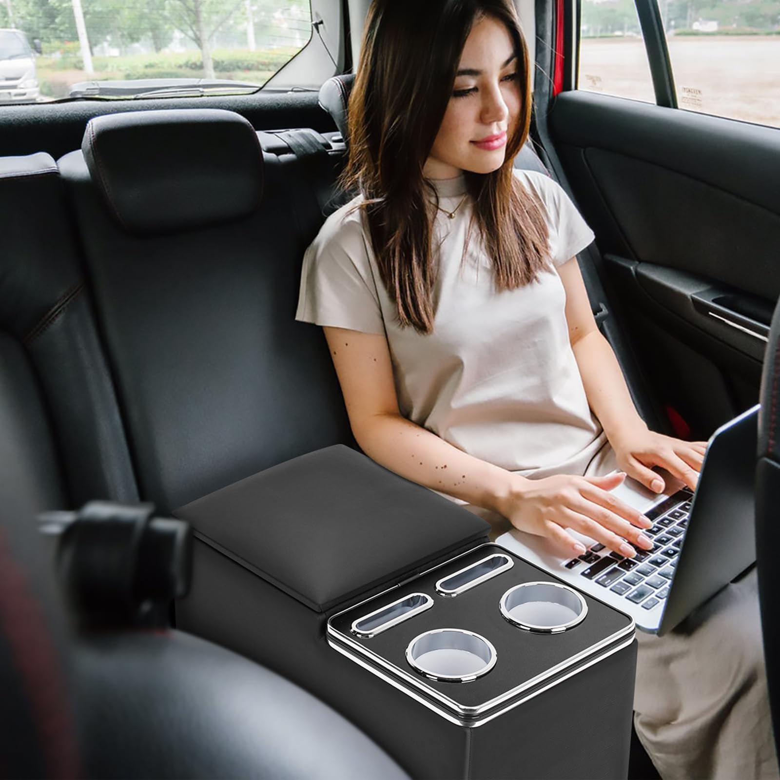 Universal Bench Seat Center Console Organizer with Cup Holders - Durable & Stylish Storage Solution for Cars, Trucks & SUVs - Perfect for Road Trips, Camping & Daily Commute (Black)