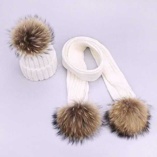 Women's & Kids' Winter Hat and Scarf Set with Real Fur Pompom - Warm Knit Beanie & Neck Warmer for Cold Weather, Snow Activities, and Outdoor Adventures