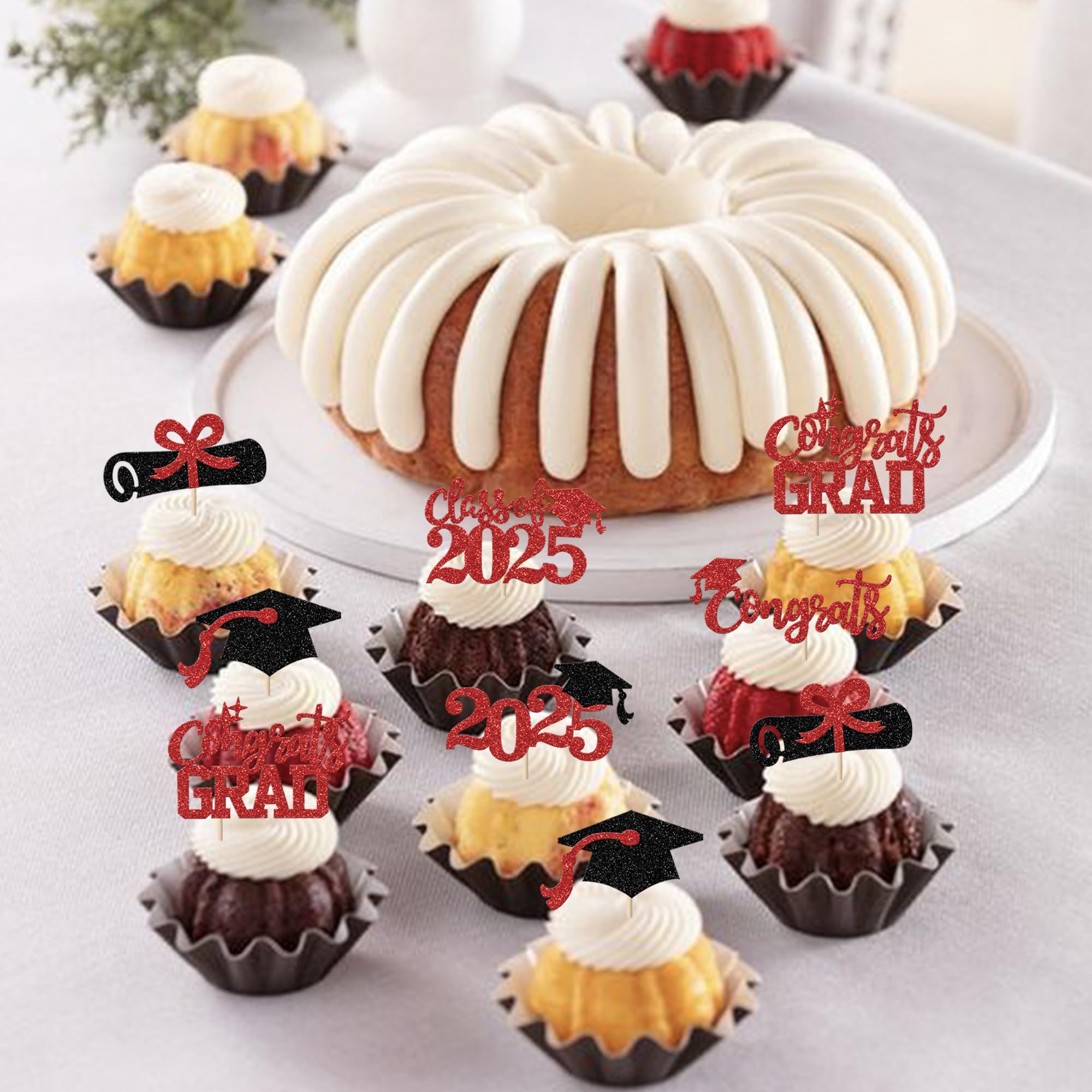 24 Pack Class of 2025 Graduation Cupcake Toppers - Glitter 2025 Congrats Grad Diploma Cap Cake Picks for Graduation Party Decorations (Red & Black) - Perfect for High School, College Graduation Celebrations & Themed Desserts