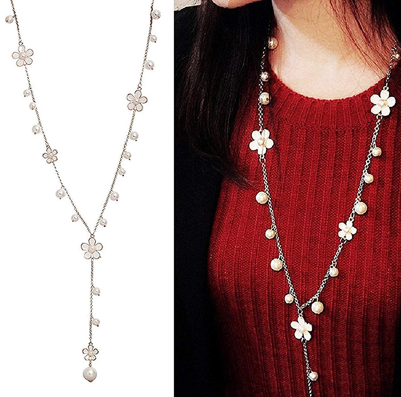 Elegant Yellow Chimes Long Chain Necklace with Floral Pearl Pendant for Women and Girls - Perfect for Weddings, Parties & Everyday Fashion Accessories