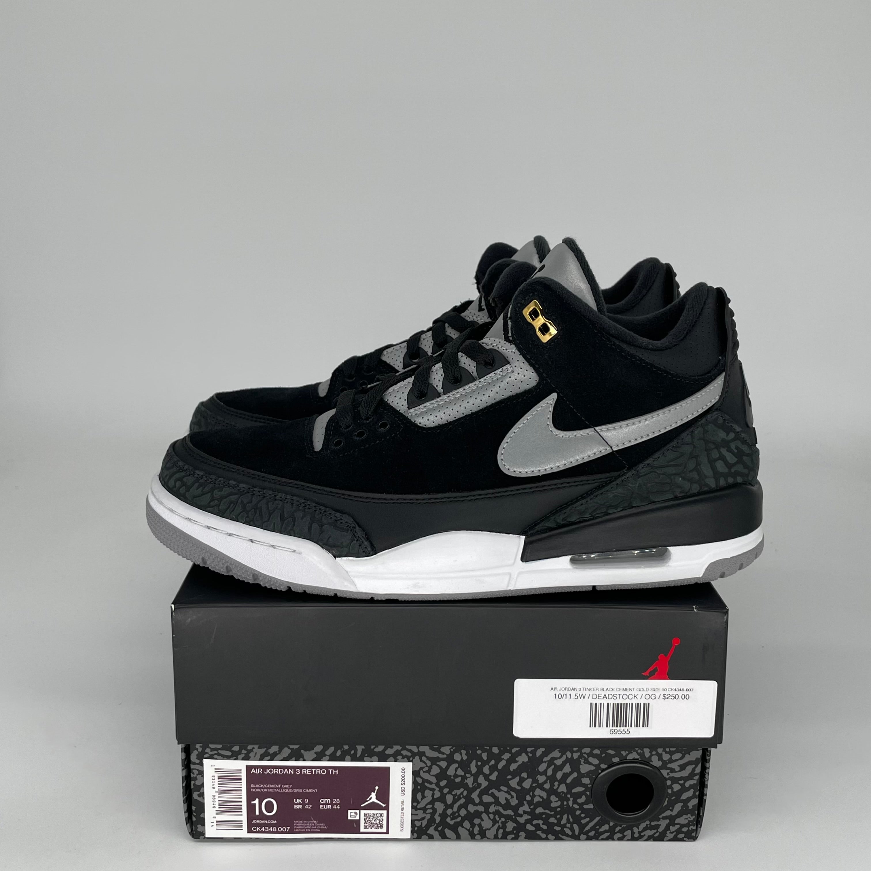 Original Air Jordan 3 Tinker Black Cement Gold Men's Basketball Shoes Size 10 CK4348-007 - Retro Sneakers for Streetwear & Casual Outfits