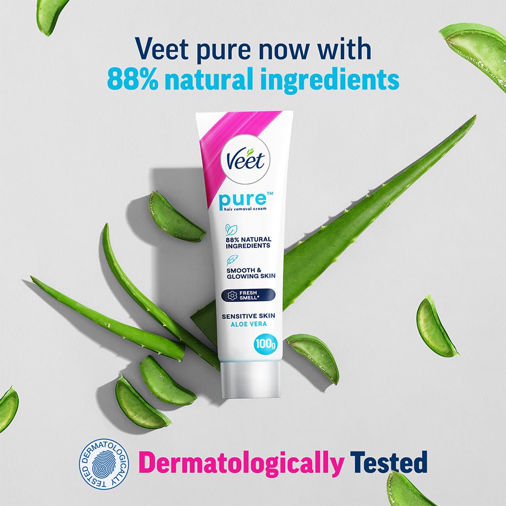 Veet Pure Hair Removal Cream for Women - Sensitive Skin Formula, 100g | Painless & Gentle Depilatory for Legs, Underarms, Bikini Line & Arms | At-Home Smooth Skin Solution for Summer, Beach & Daily Care