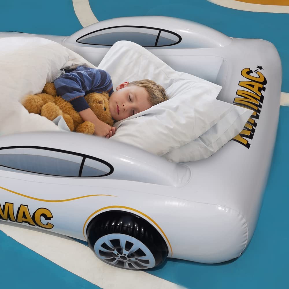 Inflatable Toddler Travel Bed - Portable Air Mattress for Kids Camping, Sleepovers & Road Trips | Racecar Design with Safety Sides | Blow Up Sleeping Pad for Indoor & Outdoor Use (Blue)