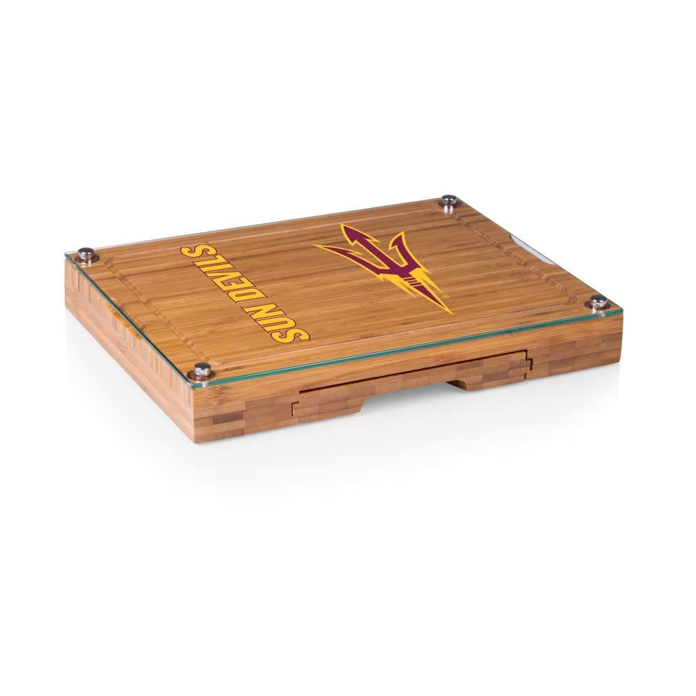 PICNIC TIME NCAA Concerto Glass Top Cheese Board and Knife Set - Bamboo Charcuterie Board with Glass Top Cutting Board for Wine & Cheese Party, Charcuterie Platter, Entertaining Gifts