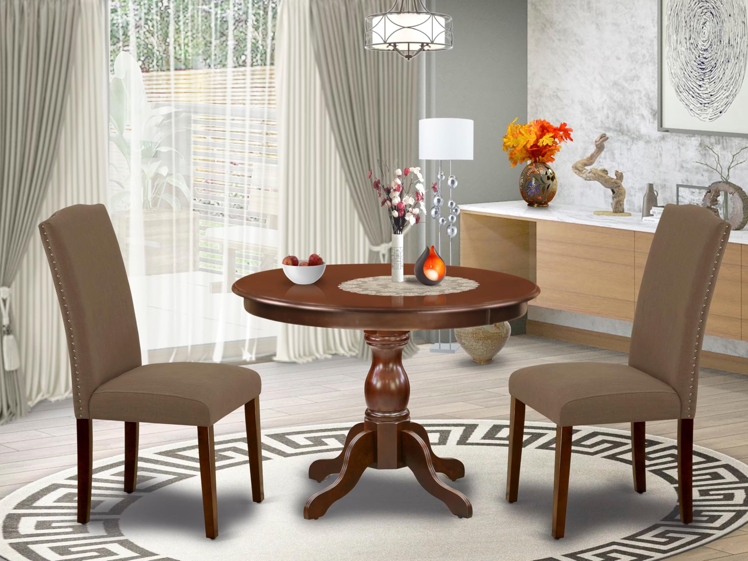 East West Furniture HBEN3-MAH-18 3-Piece Round Dining Table Set with Pedestal Base & 2 Dark Coffee Linen Upholstered Chairs, 42x42 Inch, Mahogany - Perfect for Small Spaces, Breakfast Nooks & Cozy Kitchen Dining Areas