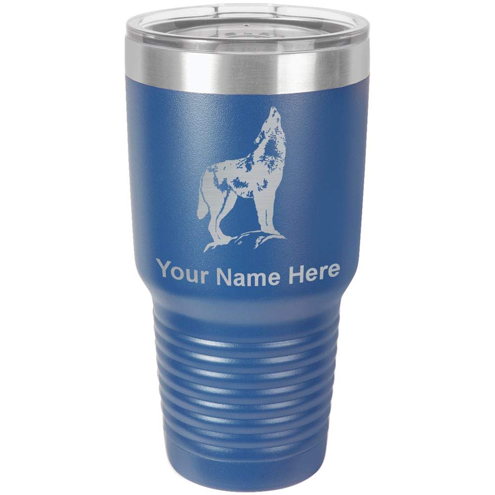 LaserGram 30oz Vacuum Insulated Stainless Steel Tumbler Mug with Howling Wolf Design - Personalized Engraving Included (Dark Blue) - Keeps Drinks Hot/Cold for Hours - Perfect for Camping, Office & Outdoor Adventures