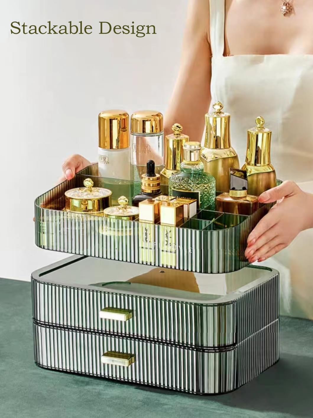MIUOPUR Stackable Makeup Organizer with Drawers - Bathroom Vanity Storage for Cosmetics, Skincare, Lipsticks & Nail Care - Perfect for Desk, Dresser & Countertop Organization - Green