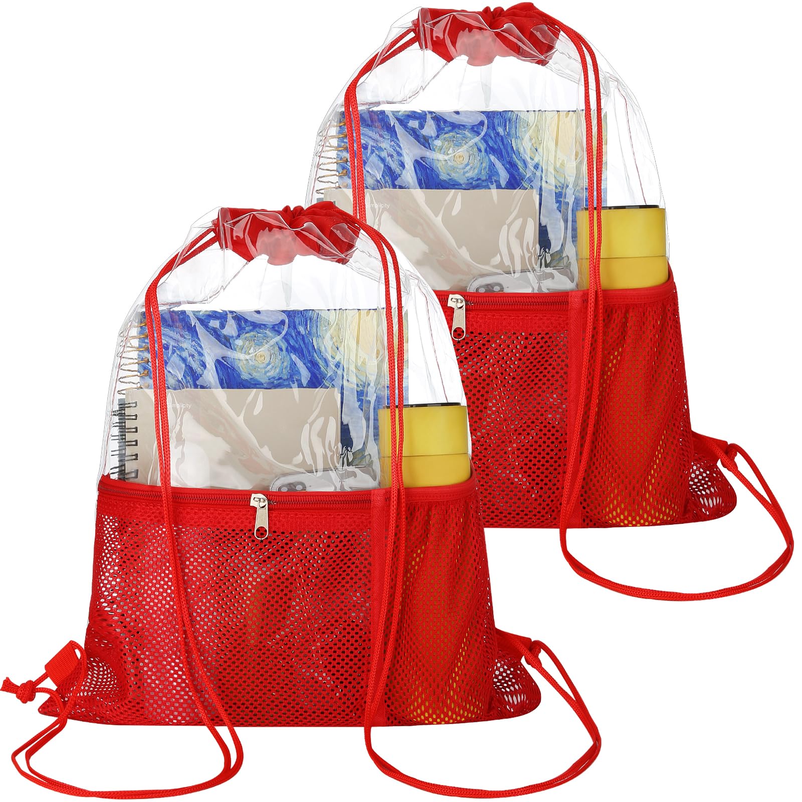 2 Pack Clear PVC Drawstring Backpack - Stadium Approved Transparent Tote Bag for Concerts & Events (Red) | Waterproof Lightweight Purse for Sports Games, Beach, Travel & Shopping