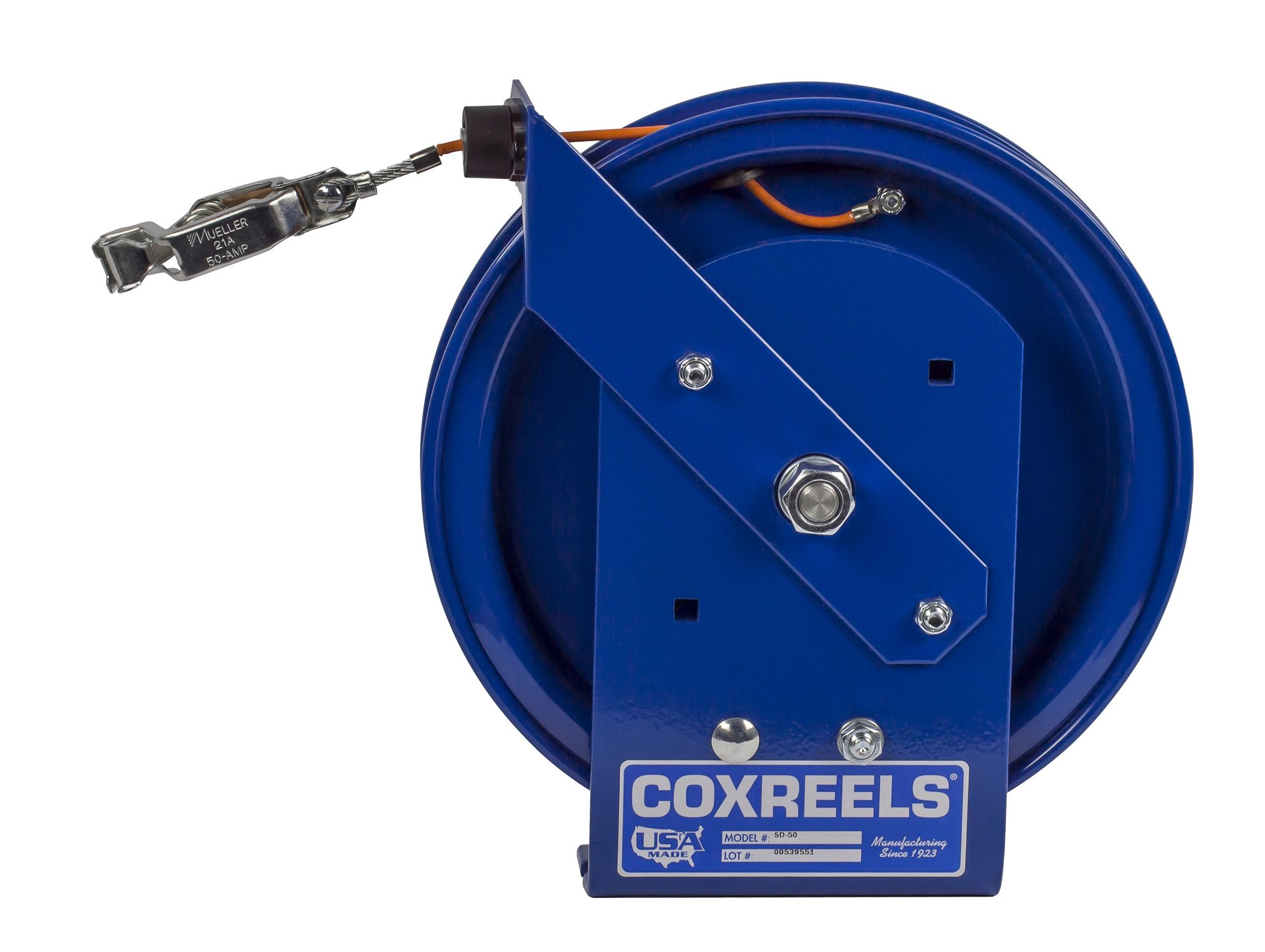 SD-50 Retractable Static Discharge Cable Reel | Heavy Duty Steel Construction | 50ft Length | Easy Maintenance Compact Design | Made in USA | Blue - Perfect for Industrial Workplaces, Manufacturing Facilities & Hazardous Environments