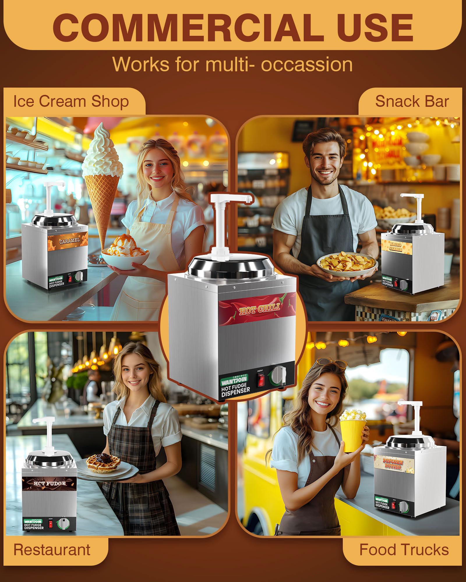 Commercial Nacho Cheese Dispenser with Pump - 2.8Qt Stainless Steel Hot Fudge Warmer with 5-Level Temperature Control - Perfect for Nachos, Hot Fudge, Caramel & Cheese Sauce in Movie Theaters, Restaurants & Concession Stands