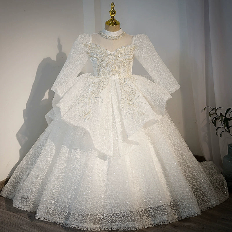 Princess Mock Neck Floor Length Tulle Flower Girl Dress in White - Perfect for Weddings, Pageants, and Special Occasions