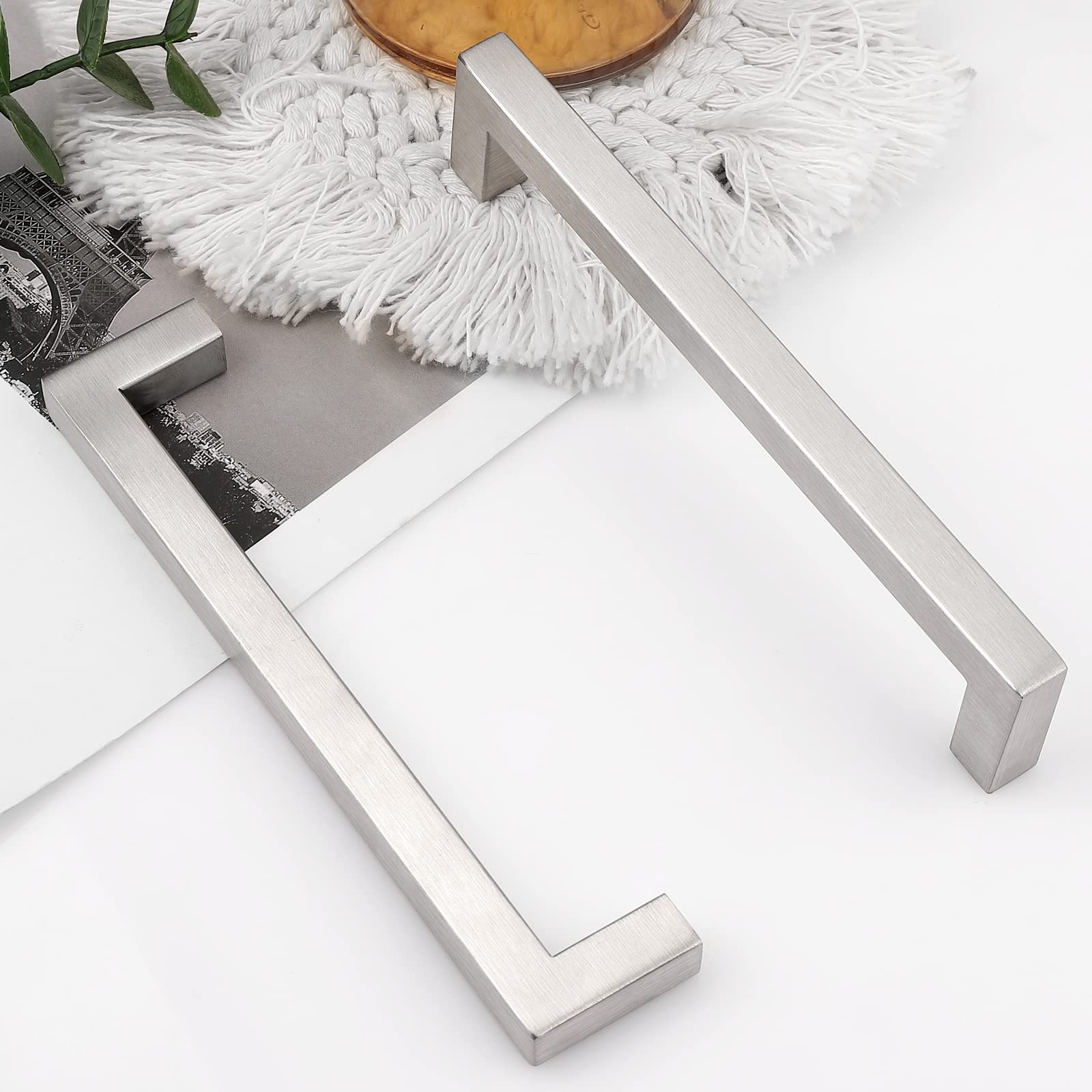 Probrico 5 Pack Brushed Nickel Square Kitchen Cabinet Handles - Modern Drawer Pulls 6-3/10in (160mm) Hole Centers - Stainless Steel Cabinet Hardware for Dresser, Bathroom & Office Furniture