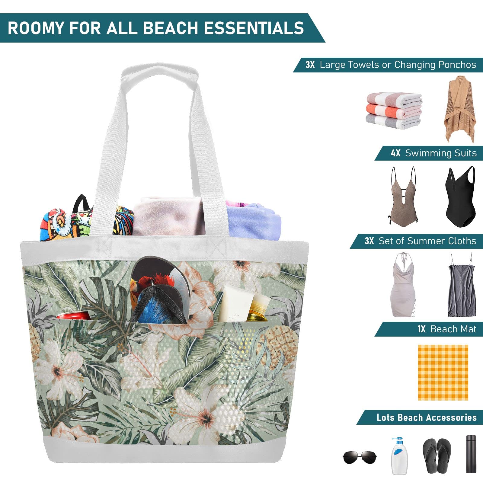 J JOYSAY Tropical Hibiscus Rose Mesh Beach Tote Bag - Large Waterproof Women's Beach Bag for Travel, Gym & Grocery Shopping - Breathable Storage Net Bag Perfect for Pool, Vacation & Summer Outings
