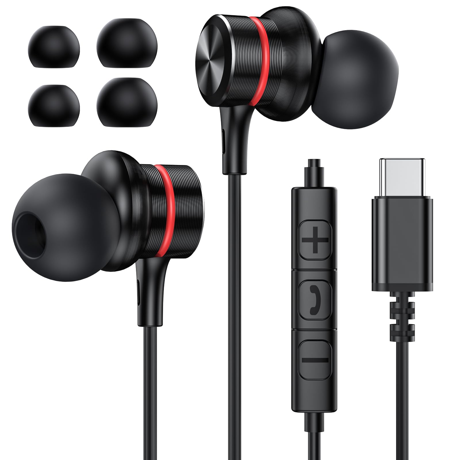MOSWAG USB C Wired Earbuds with Microphone & Volume Control - HiFi Stereo In-Ear Type C Headphones for iPhone 15/16 Pro Max, Galaxy S24/S25 Ultra, Pixel 8/9 - Perfect for Gaming, Workouts & Commuting (1-Pack)