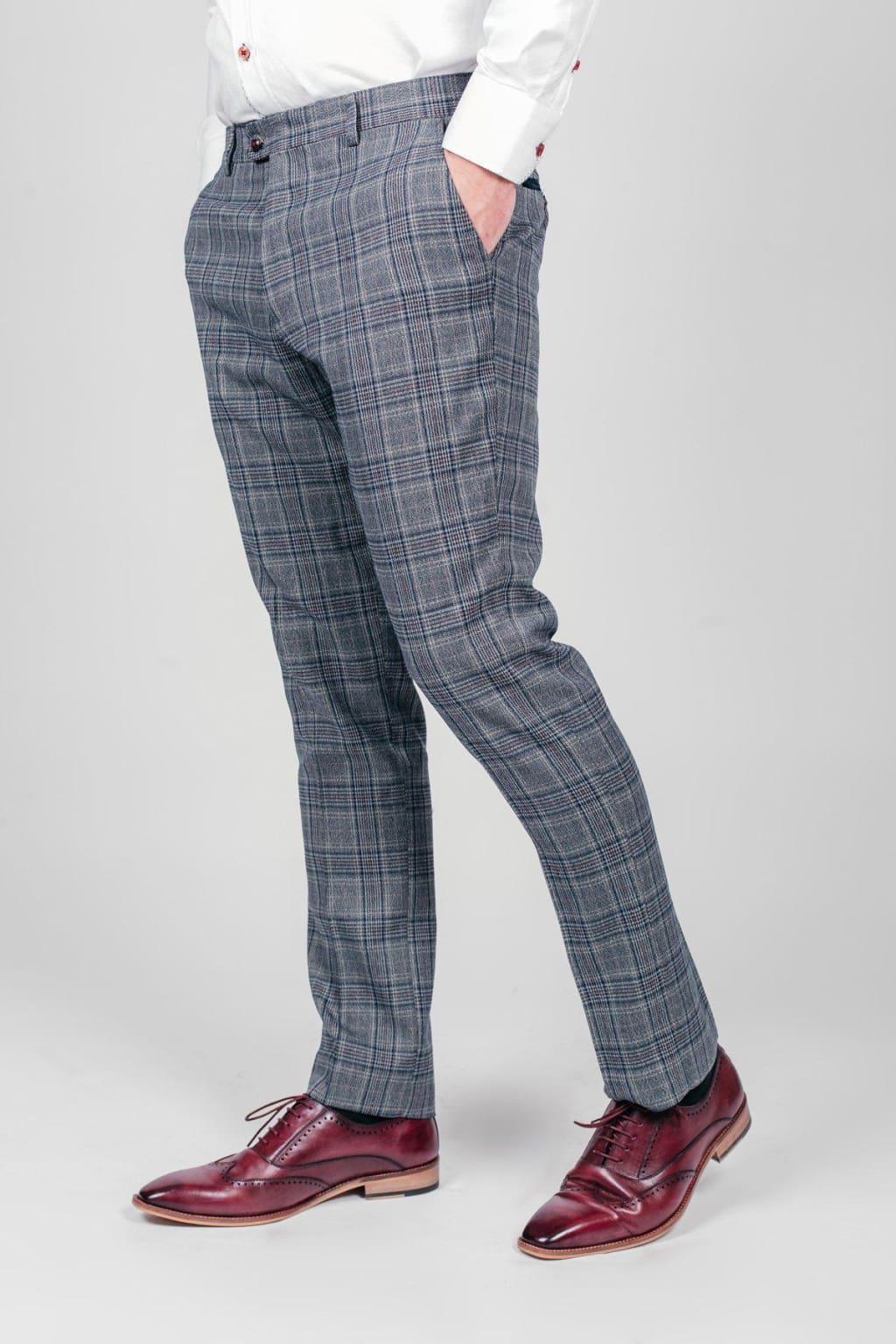 Marc Darcy ENZO Grey Men's Blue Check Tweed Trousers - Classic Slim Fit Dress Pants for Business Casual & Office Wear