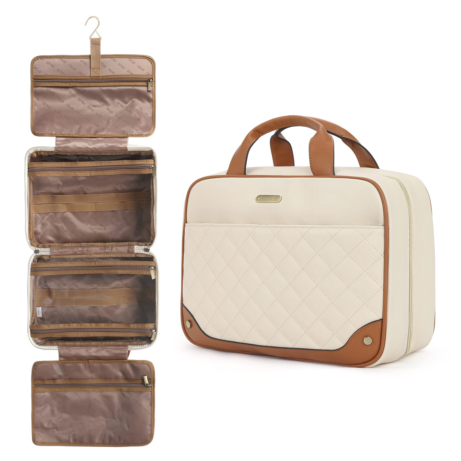CLUCI Leather Water-Resistant Travel Toiletry Bag for Women - Large Hanging Makeup Cosmetic Organizer with Full-Sized Container | Perfect for Vacation, Business Trips & Gym Essentials