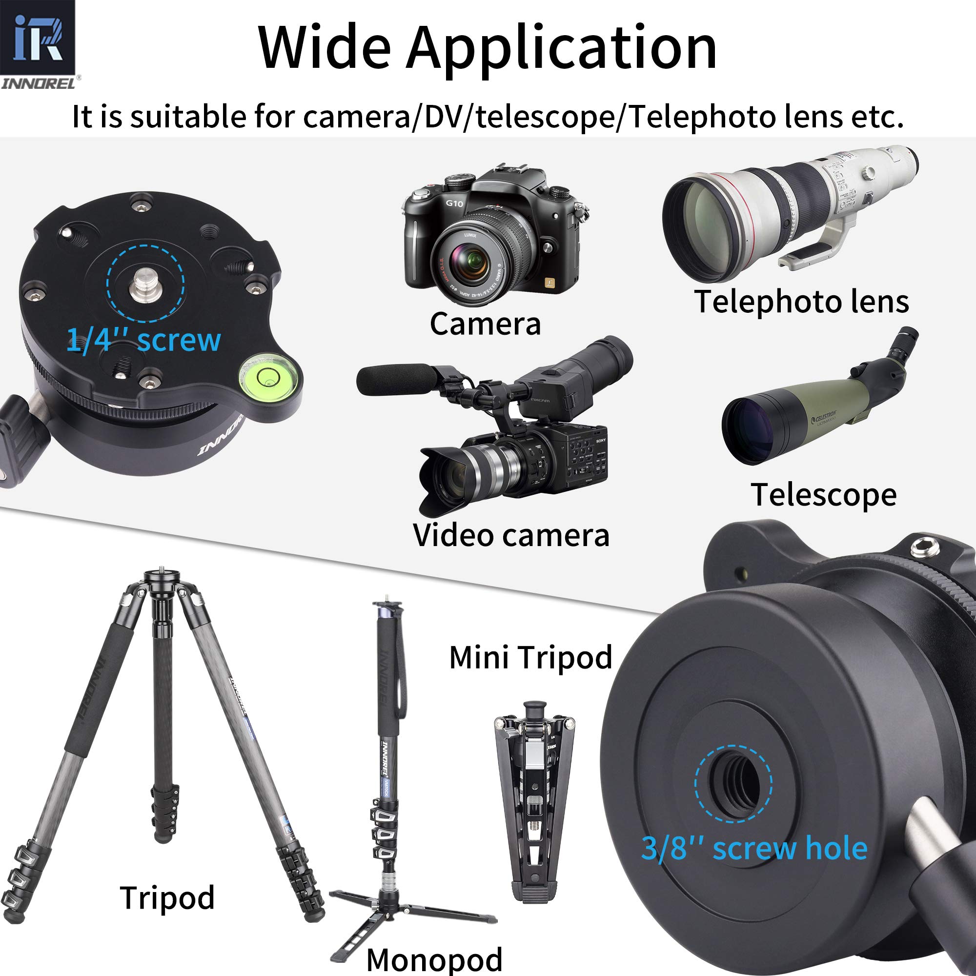 INNOREL LB60 60mm Tripod Leveling Base Ball Head with 3/8-inch & 1/4