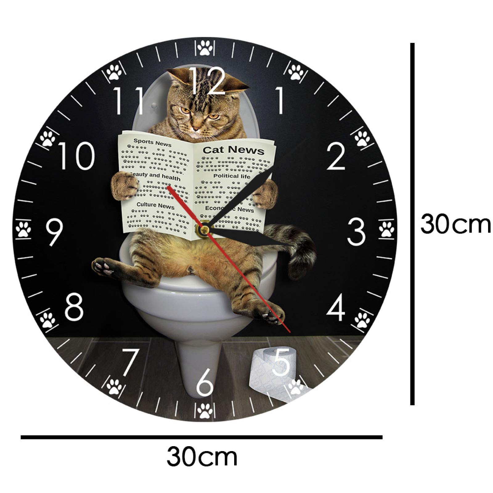 Funny Cat Wall Clock - Silent Non-Ticking Kitten on Toilet with Newspaper Design | Perfect Bathroom Decor, Bedroom Wall Art & Unique Gift for Cat Lovers | Ideal for Home, Office, or Pet-Themed Spaces