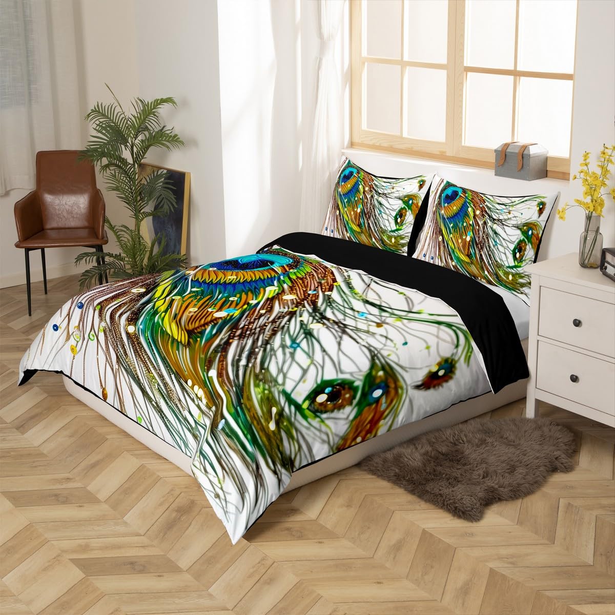 Erosebridal Peacock Feather Duvet Cover Set - Twin Size Kids Bedding with Cute Animal Print, Soft Comforter for Boys & Girls, Teens & Adults - Perfect for Kids' Rooms, Guest Bedrooms & Themed Decor