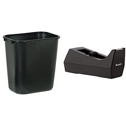Rubbermaid 3.5 Gallon Black Plastic Wastebasket Trash Can - Small Office & Home Garbage Bin - Durable Resin Construction - Ideal for Bathroom, Bedroom, or Kitchen Use | Scotch C-38 Black Desktop Tape Dispenser - 1