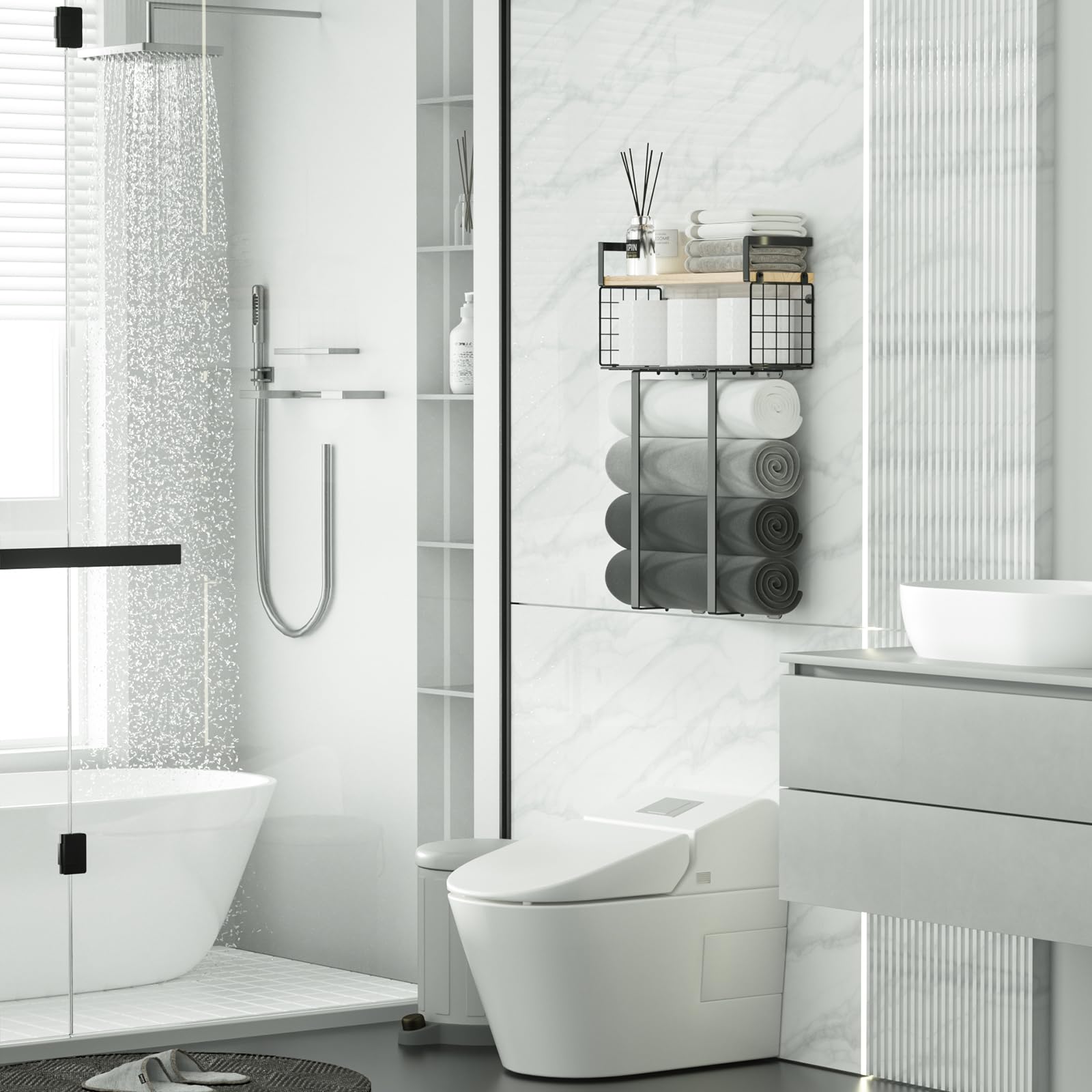 Sturdy Metal Towel Rack with Storage Basket - Wall Mounted Bathroom Organizer for Rolled Towels & Small Spaces | Perfect for Compact Bathrooms, Laundry Rooms & Spa Areas