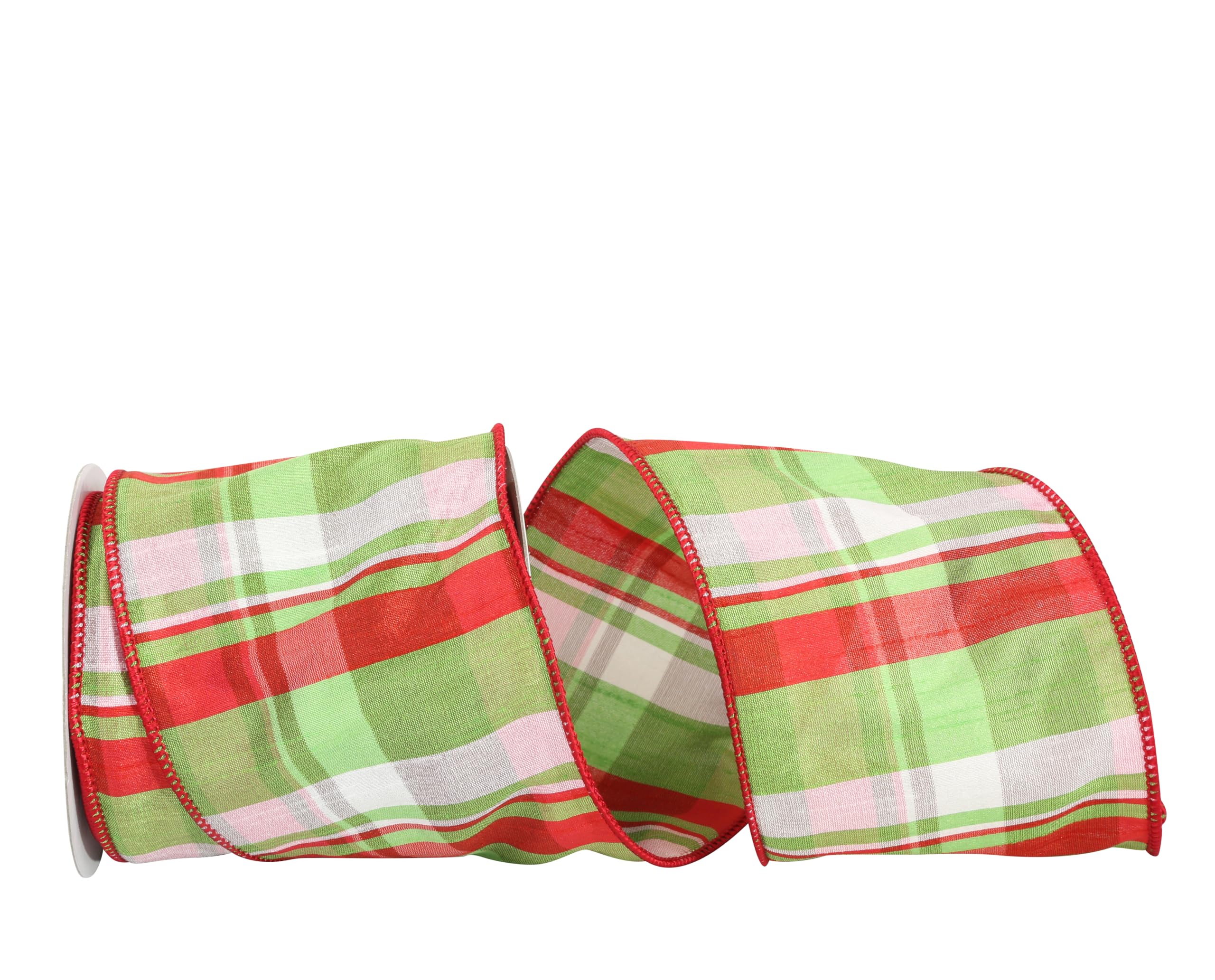 Reliant Ribbon Lime Plaid Dupioni Wired Edge Ribbon - 4 Inch x 10 Yards, Red/Lime - Perfect for Gift Wrapping, Wedding Decorations & DIY Crafts