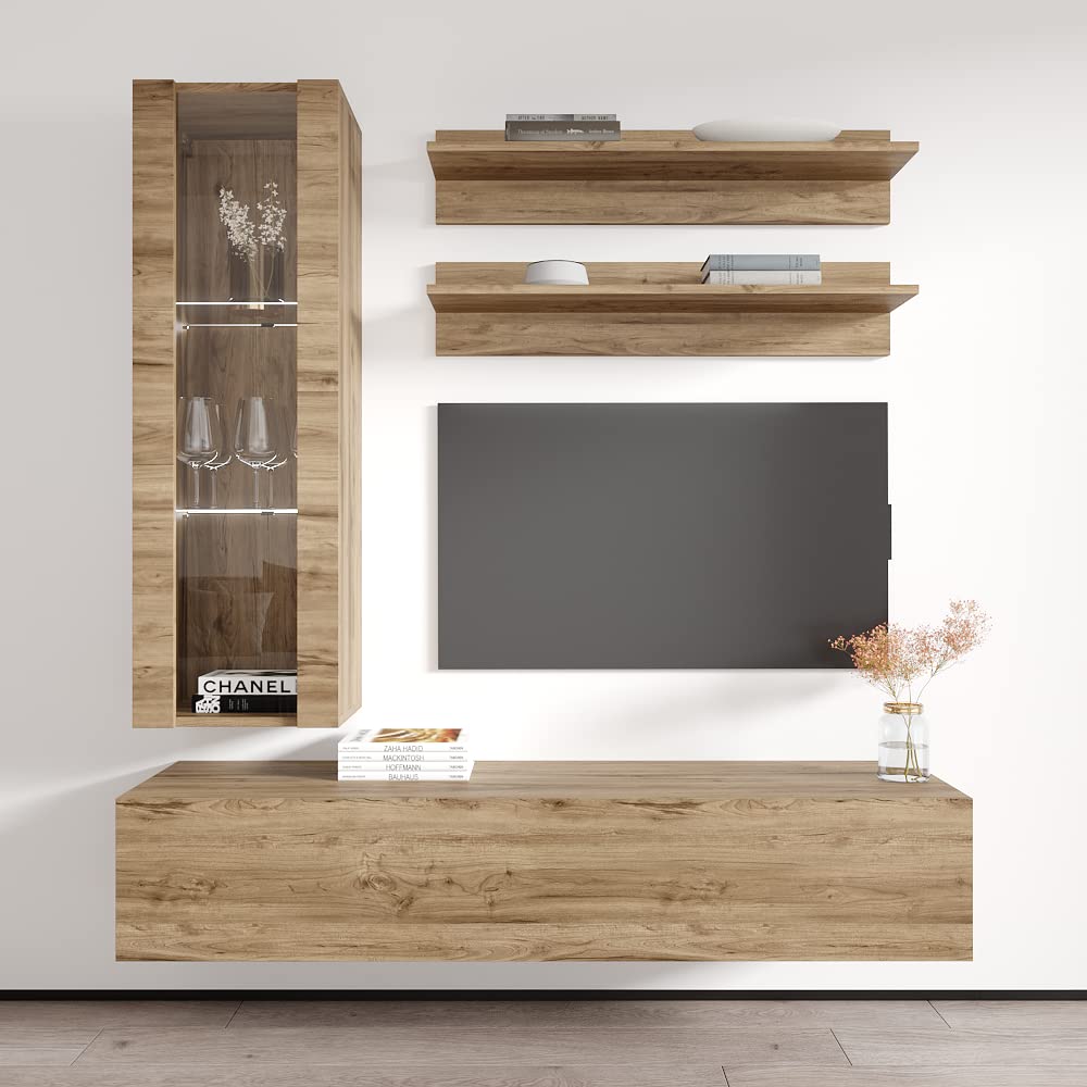 Modern Floating TV Stand with Storage & LED Lights - Wall-Mounted Entertainment Center for Bedroom & Living Room - H2 30TV Console with Shelves in Oak Finish - Perfect for Small Spaces & Home Theater Setup