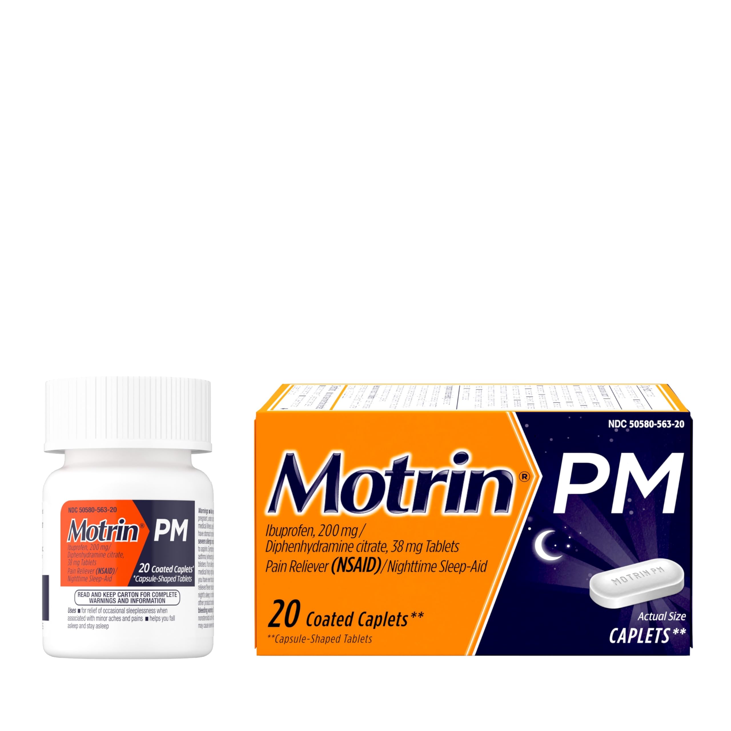 Motrin PM Caplets 200mg Ibuprofen & 38mg Sleep Aid - Nighttime Pain Relief for Headaches, Backaches & Minor Aches - 20 Count - Perfect for Restful Sleep After Workouts or Stressful Days