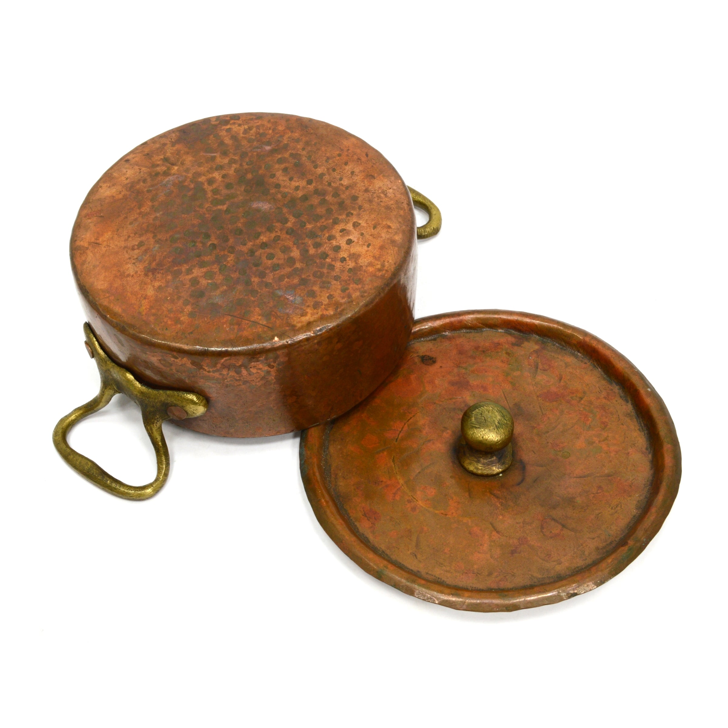Vintage Copper & Tin Braising Pan - 5 Single Serve Bowls with Lid & 2 Brass Handles | Perfect for Asian Cooking, Hot Pot & Tabletop Serving
