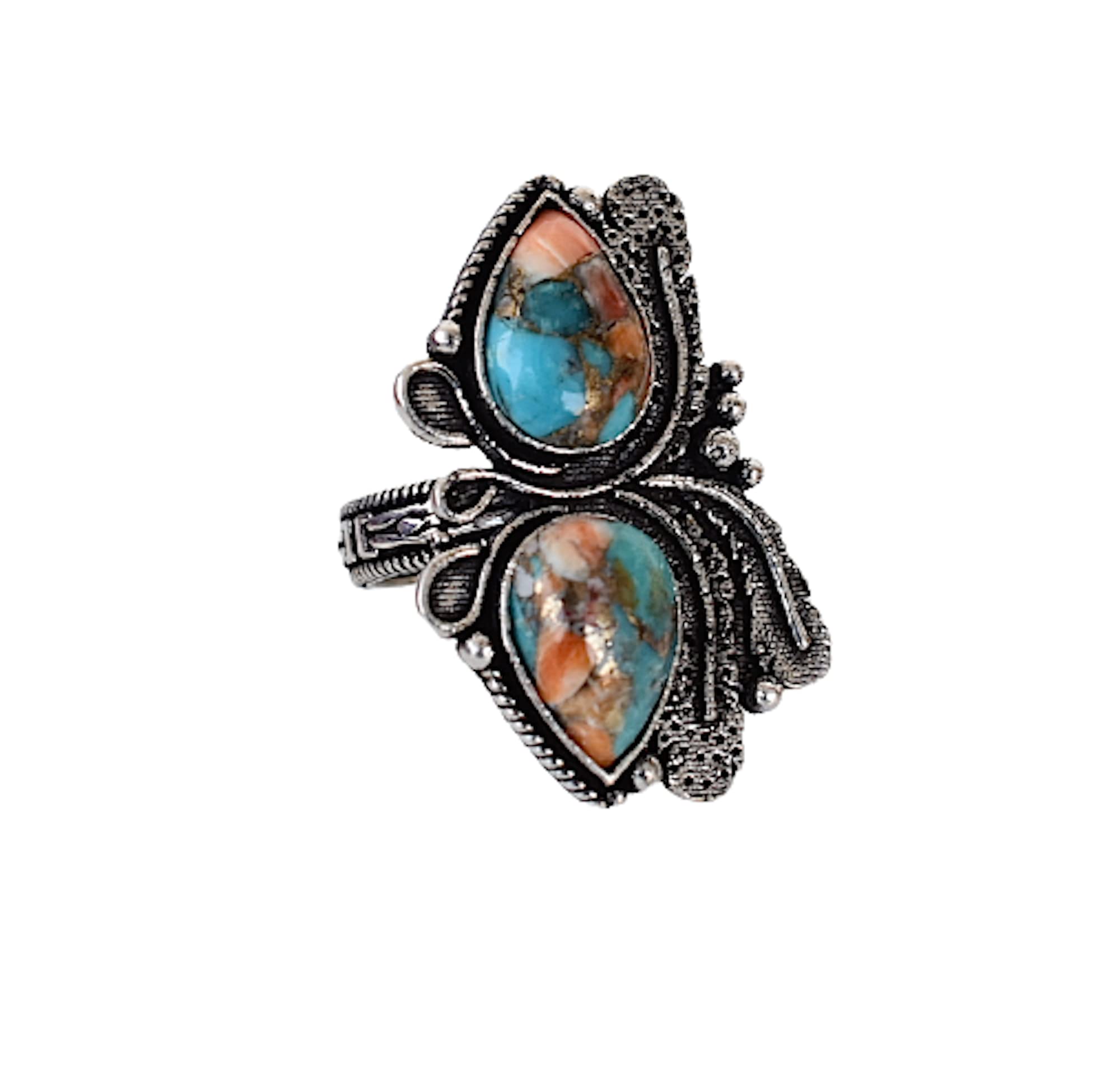 Vintage Handmade 925 Sterling Silver Oyster Copper Turquoise Ring - Boho Hippie Jewelry, Spiny Turquoise Birthstone Ring for Women - Perfect Birthday Gift, Wedding, Party & Everyday Wear - TQ-05