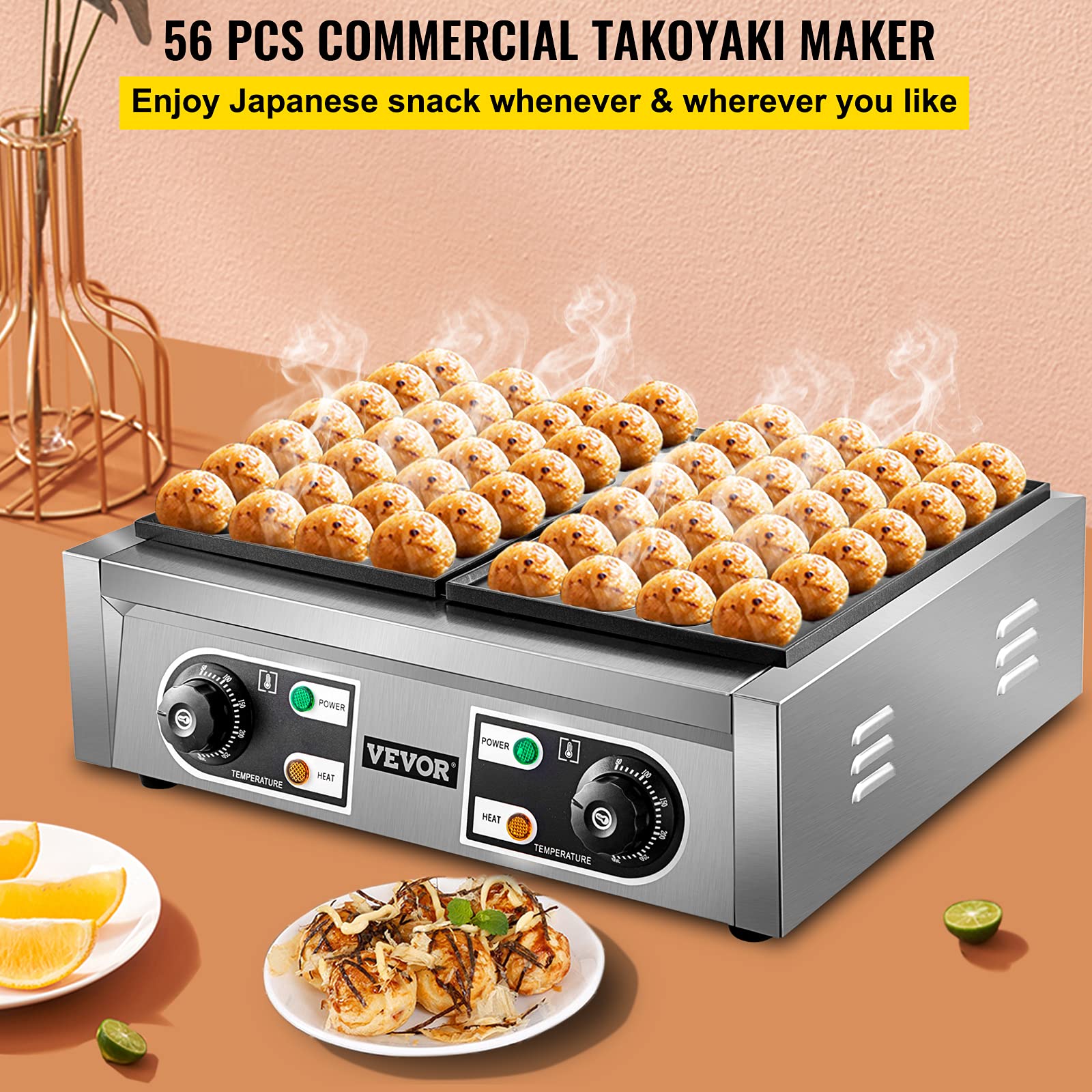 VEVOR Commercial Takoyaki Maker Machine - 56PCs Japanese Octopus Ball Grill with 2 Non-Stick Plates & Independent Temperature Control - Perfect for Restaurants, Food Trucks, and Home Cooking