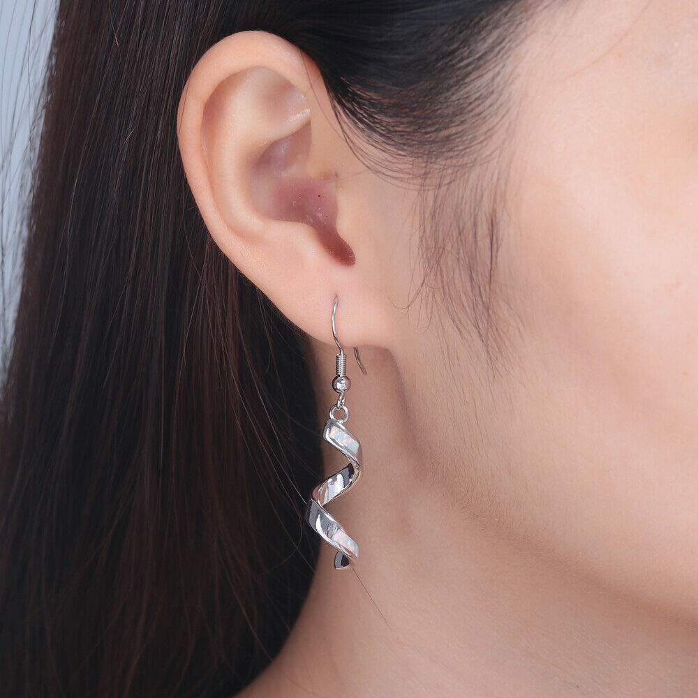 CiNily Sterling Silver Plated Opal Dangle Drop Earrings for Women - Elegant Birthstone Spiral Ribbon Hook Earrings | Perfect for Parties, Weddings & Everyday Wear