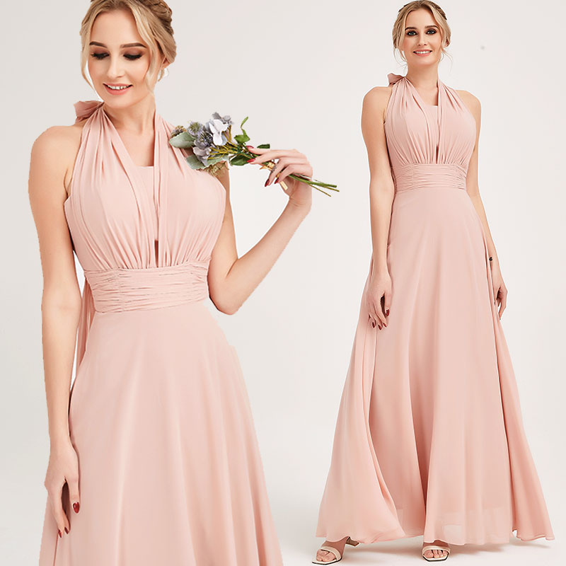 Elegant Convertible Chiffon Bridesmaid Dress - Wrap Style Dusty Pink Maxi Gown for Weddings, Parties & Formal Events