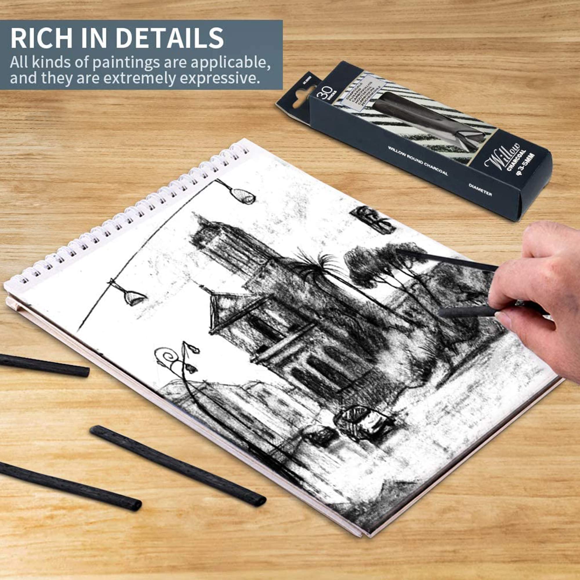 Willow Charcoal Sticks for Drawing - 45 Pieces Artist Charcoal Pencils (3-8mm Diameter) - Perfect for Sketching, Shading & Fine Art | Ideal for Beginners & Professionals