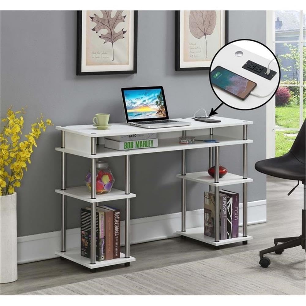 Pemberly Row Modern White Wooden Student Desk with Built-in USB Charging Station - Perfect for Home Office, Study Room & Dormitory