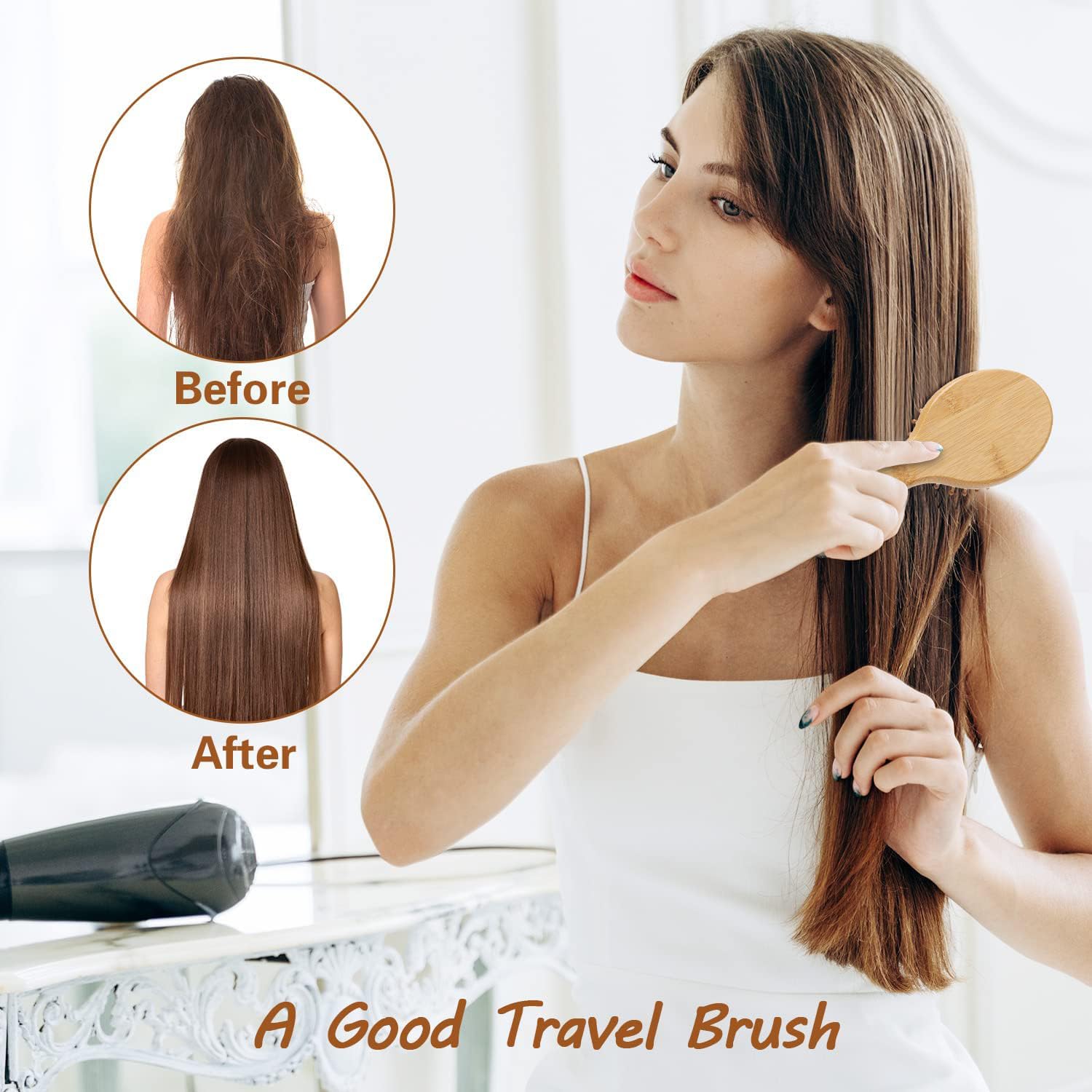 OROSSENTIALS Bamboo Hair Brush with Natural Bristles - Wooden Paddle Brush for Women & Men - Detangling & Scalp Massage - Perfect for Travel, Home & Salon Use