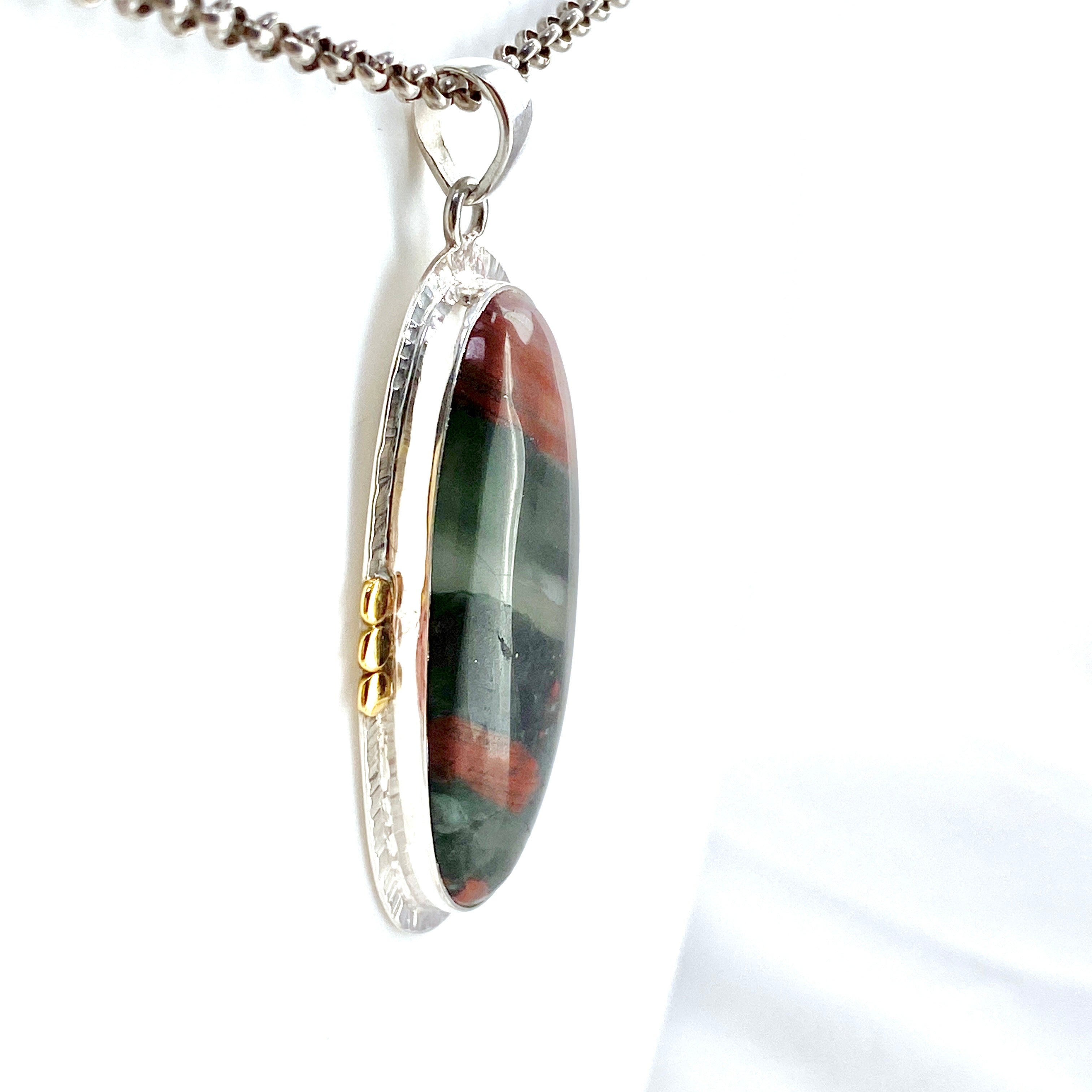 Bloodstone Oval Cabochon Pendant with Brass Accents - Handmade Jewelry for Women - Perfect for Spiritual Healing, Meditation & Energy Work (KPGJ4745)