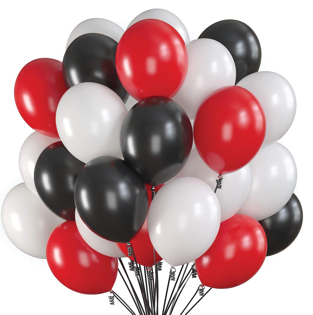 Prextex 75 Pack 12 Inch Black Red White Balloons with Ribbon - Premium Helium Quality for Birthday Parties, Baby Showers, Graduation & Themed Events - Perfect for Black Red White Color Theme Decorations