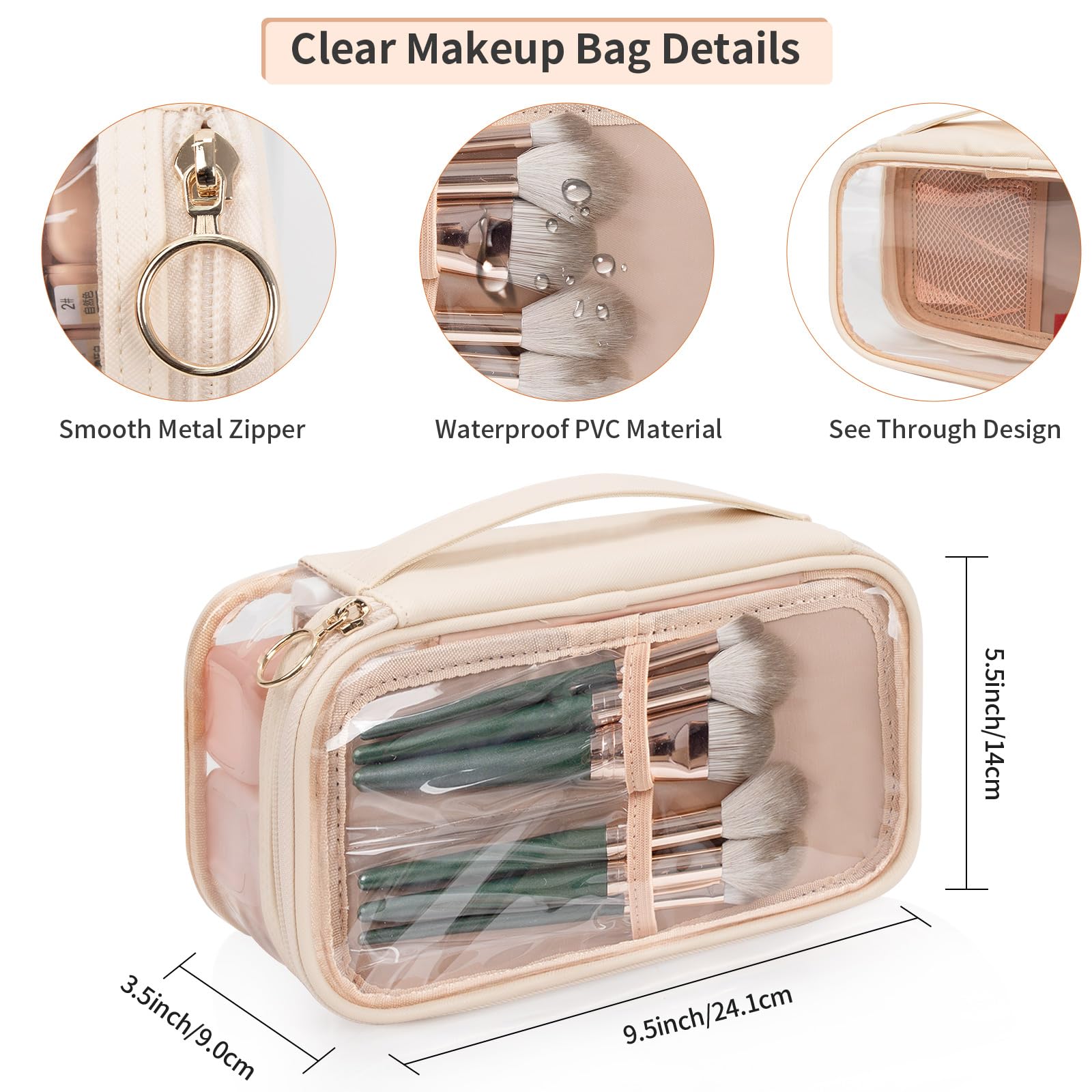OCHEAL Clear Makeup Bag for Women - Waterproof Travel Cosmetic Organizer with Brush Compartment & Divider - Portable Cute Transparent Pouch for Makeup Storage | Perfect for Travel, Gym, Daily Use & Gift Giving