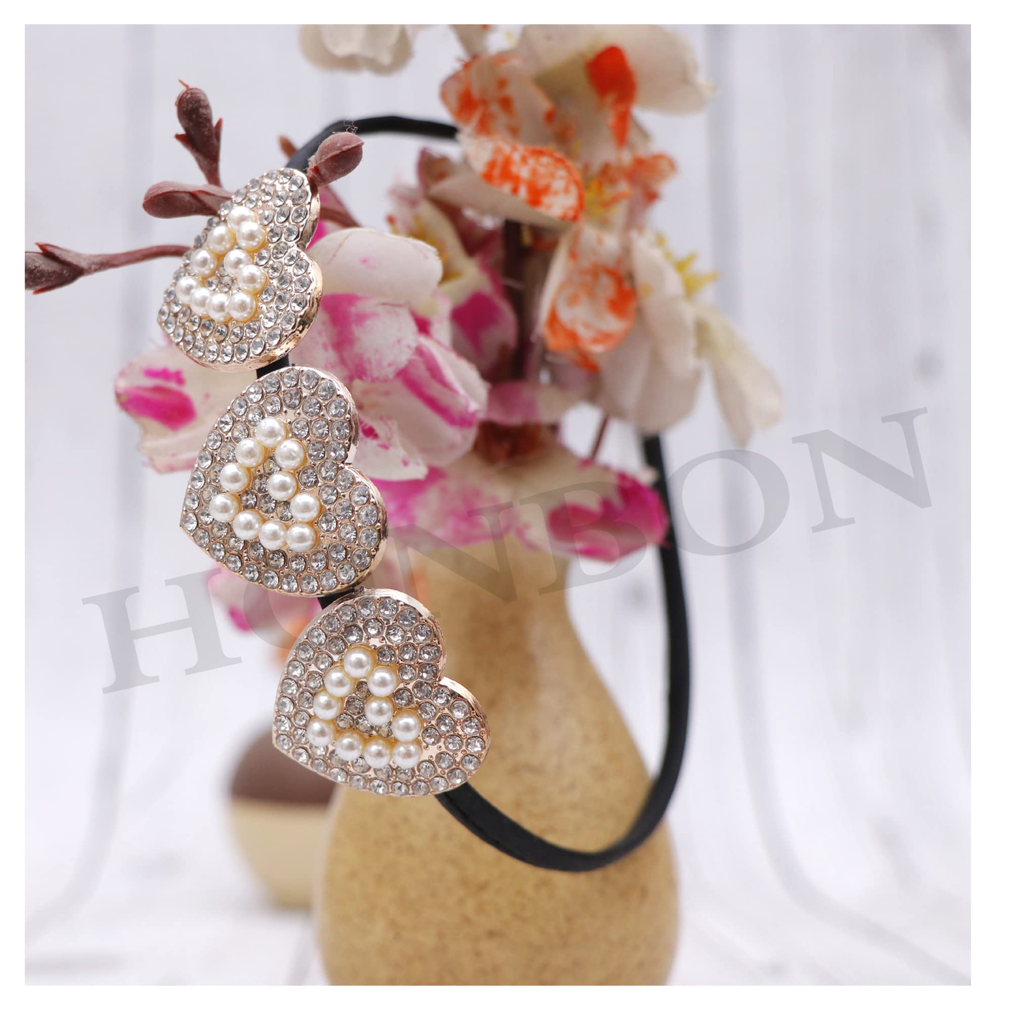 Golden & White Rhinestone Pearl Headband for Women - Elegant Wedding Hair Hoop with Heart Shape Design - Bridal Hair Accessories for Girls & Women (Pack of 2) - Perfect for Weddings, Parties & Special Occasions